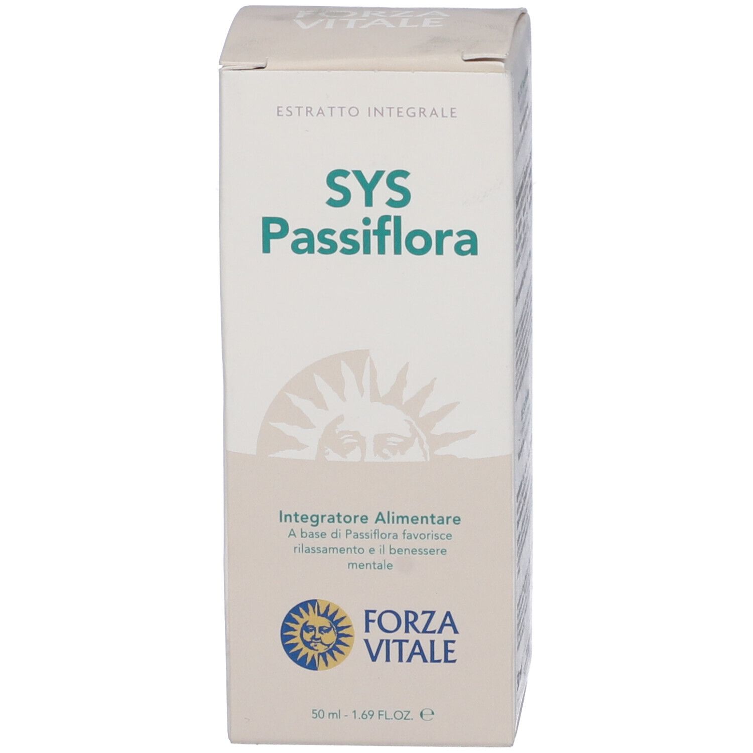 Confezione in cartone per SYS Passiflora. Stampa con nome del prodotto e logo.