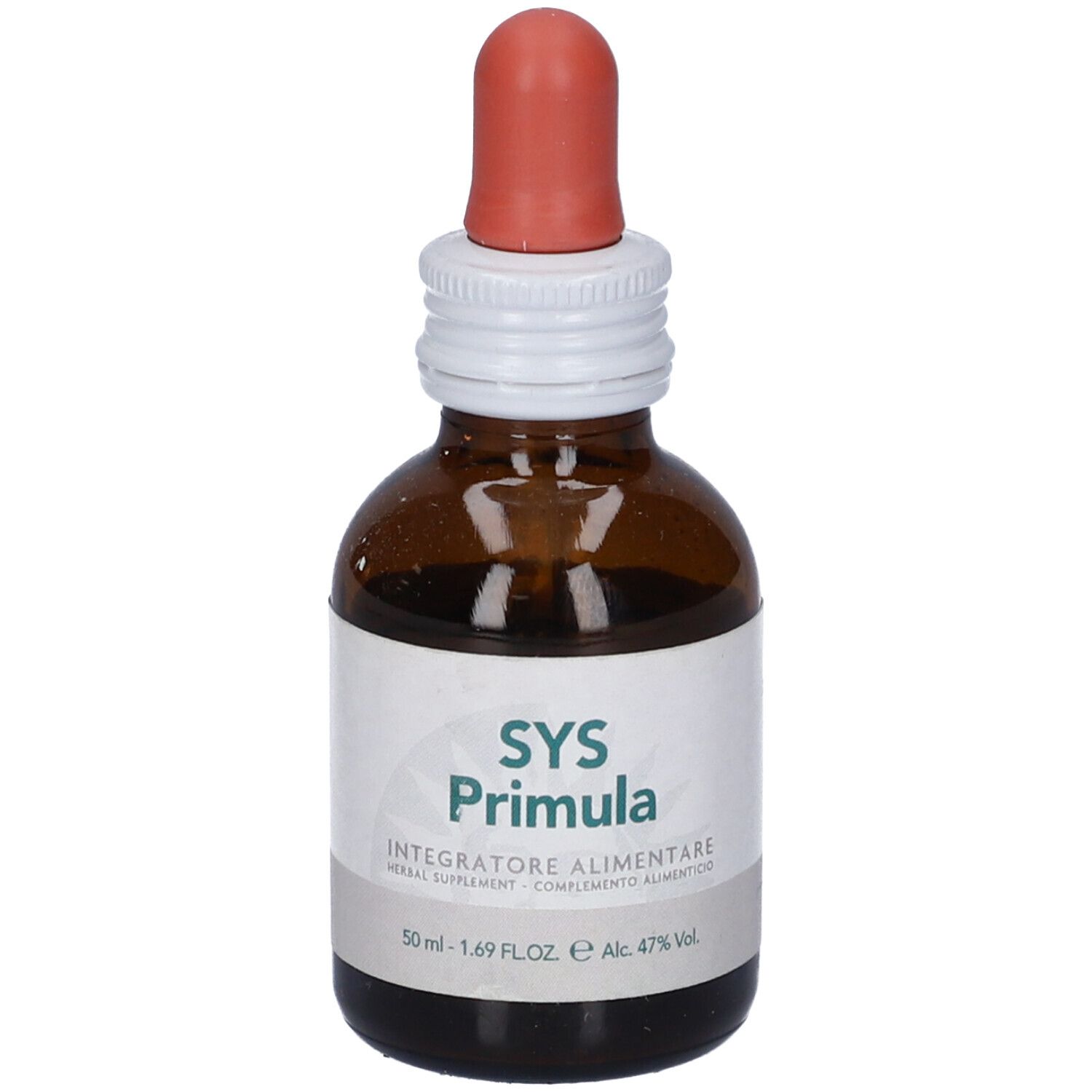Flacone di vetro marrone con contagocce. Scritta Sys Primula, integratore erboristico. 50 ml.