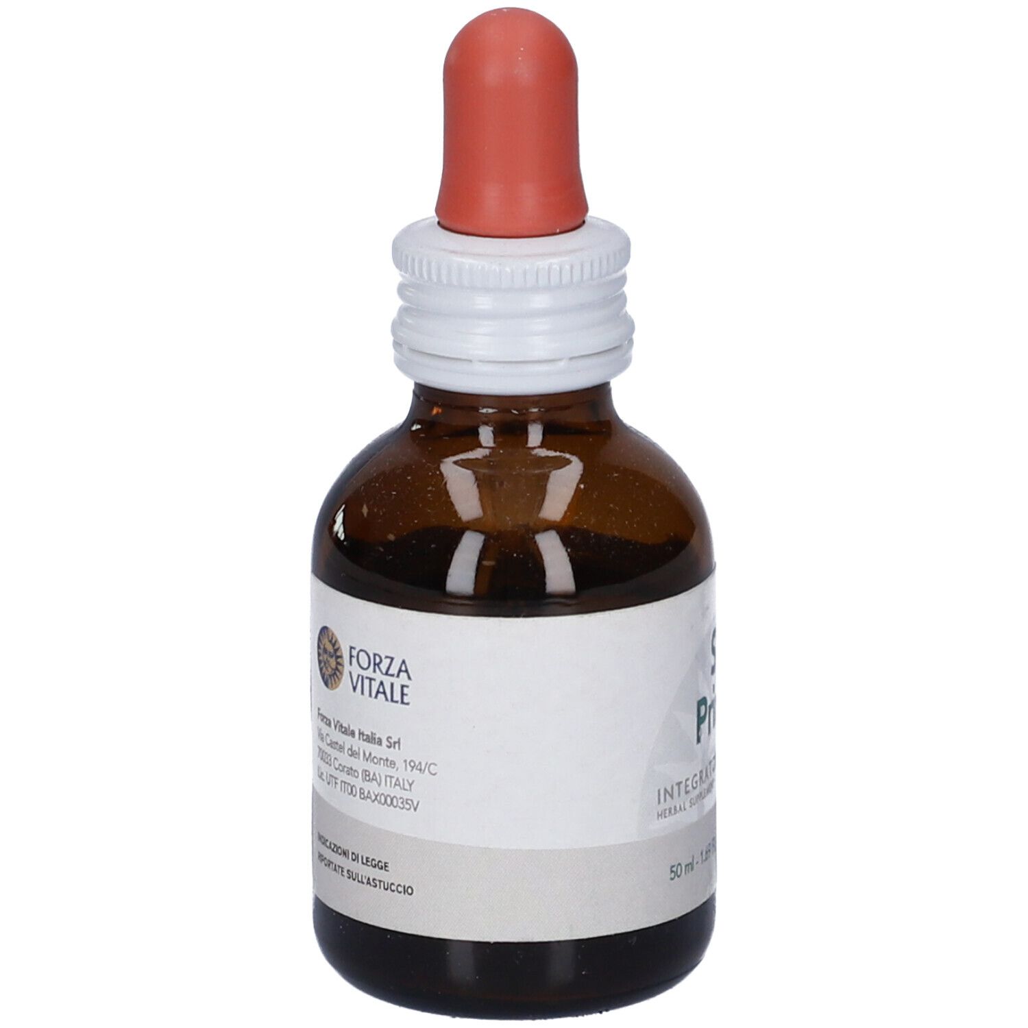 Flacone di vetro marrone con contagocce. Scritta Sys Primula, integratore erboristico. 50 ml.