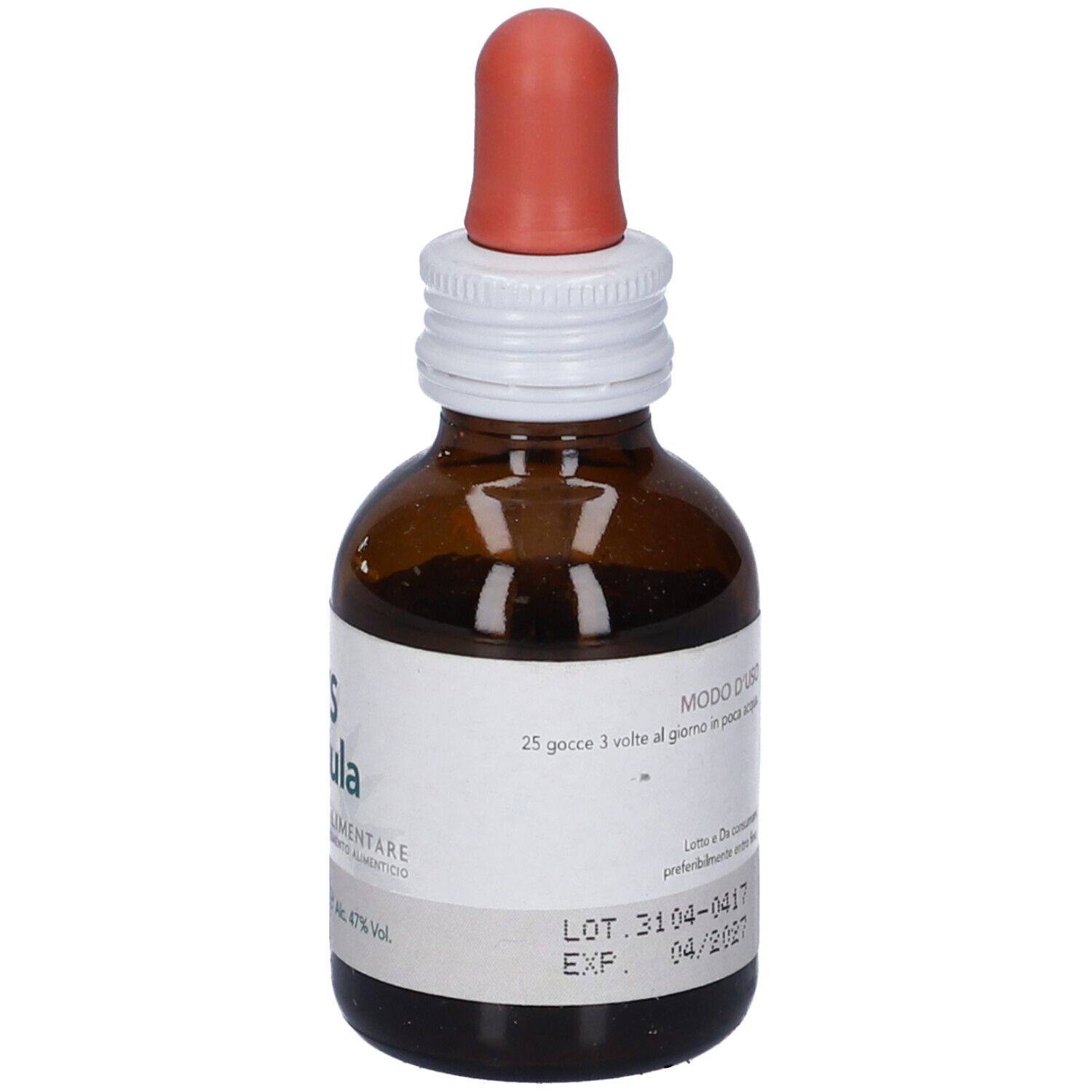 Flacone di vetro marrone con contagocce. Scritta Sys Primula, integratore erboristico. 50 ml.