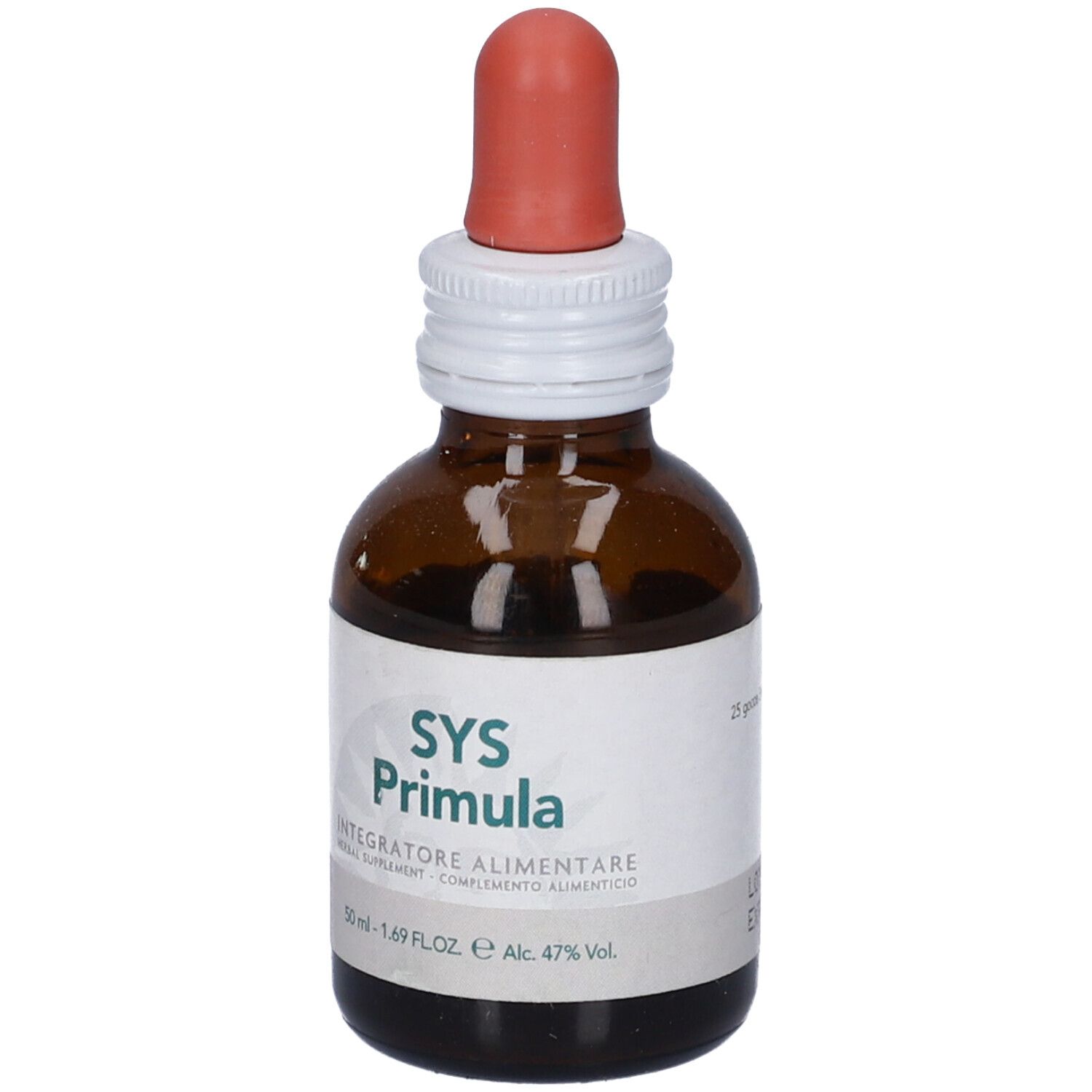 Flacone di vetro marrone con contagocce. Scritta Sys Primula, integratore erboristico. 50 ml.