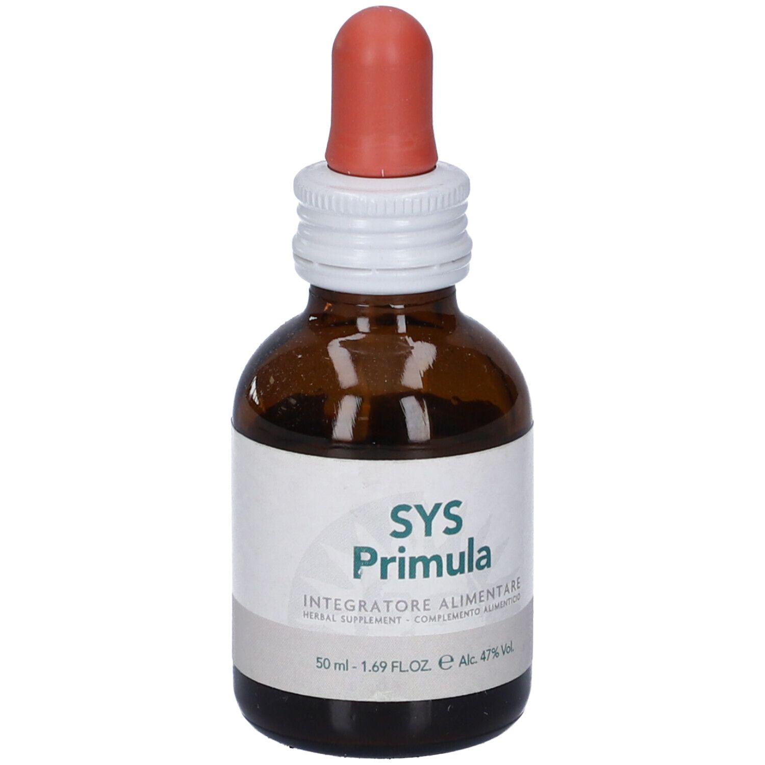 Flacone di vetro marrone con contagocce. Scritta Sys Primula, integratore erboristico. 50 ml.