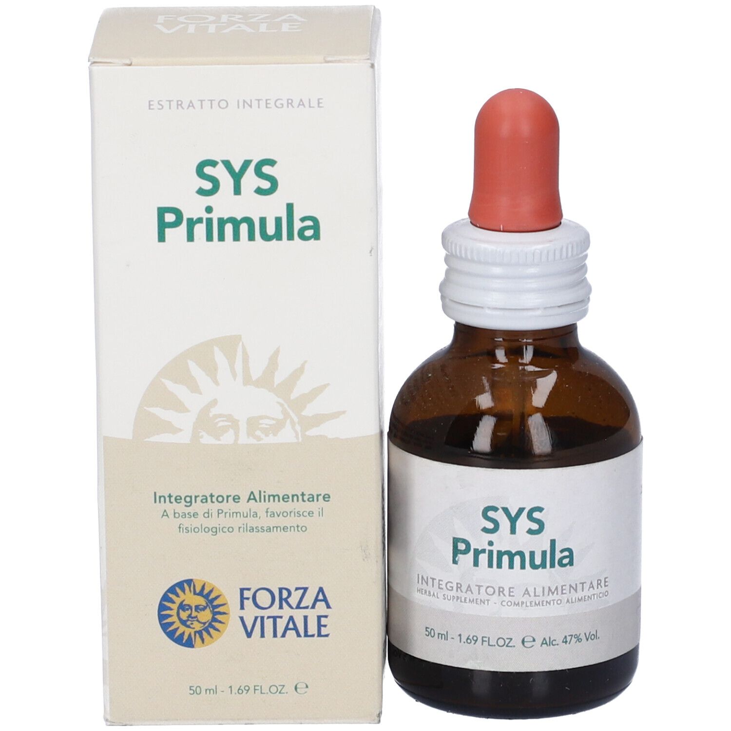 Flacone di vetro marrone con contagocce e confezione. Scritta Sys Primula, integratore erboristico. 50 ml.