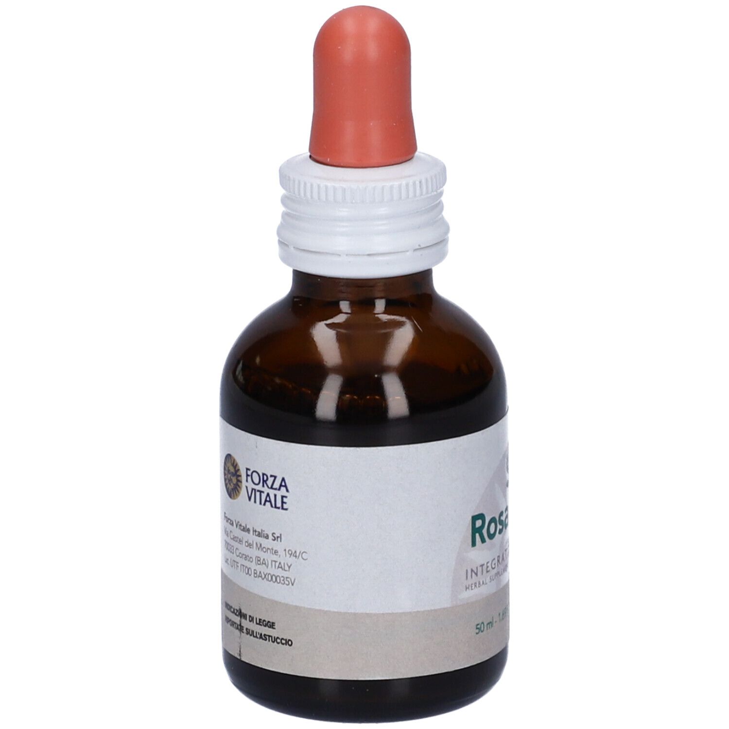 Flacone di vetro marrone con contagocce. Etichetta "Forza Vitale" e "Rosa Canina".