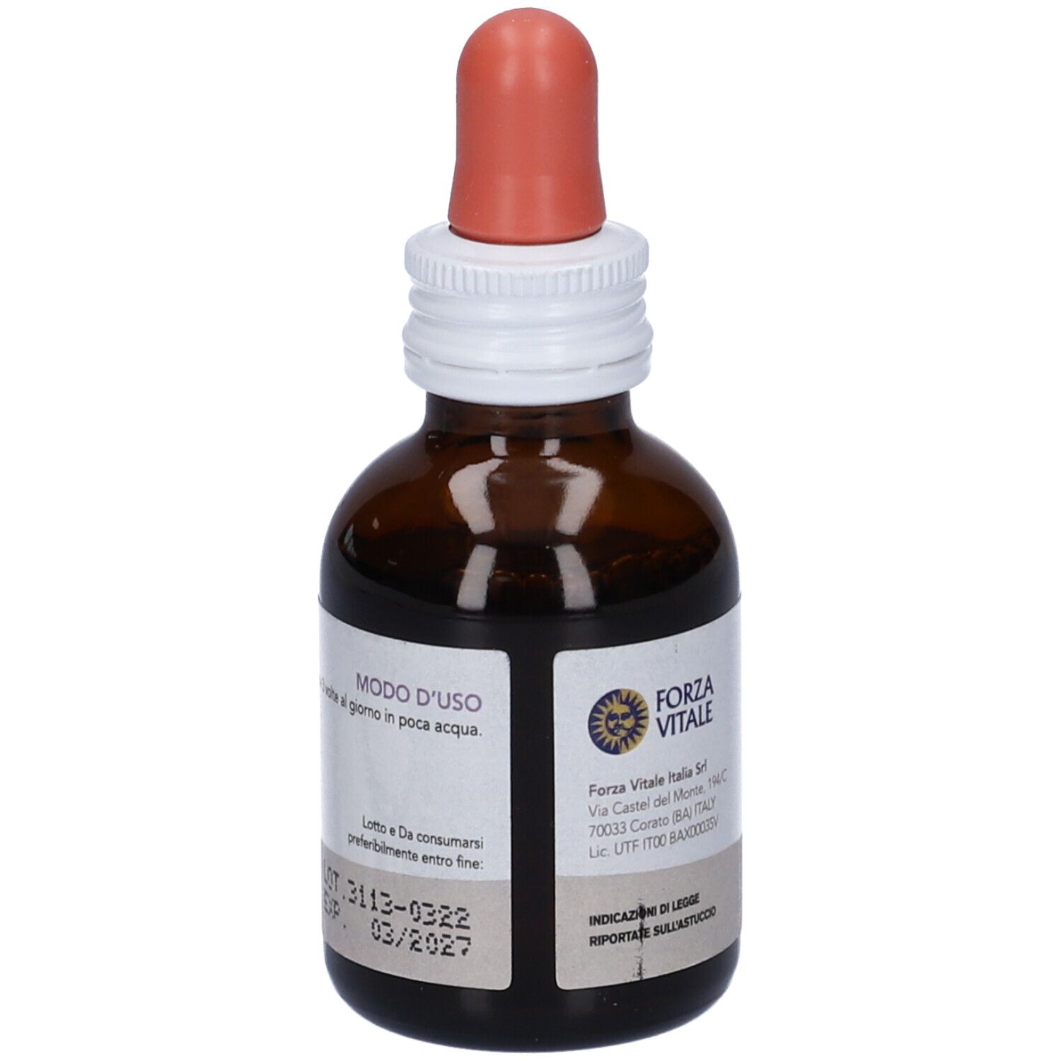 Flacone di vetro marrone con contagocce. Etichetta "Forza Vitale" e data di scadenza.