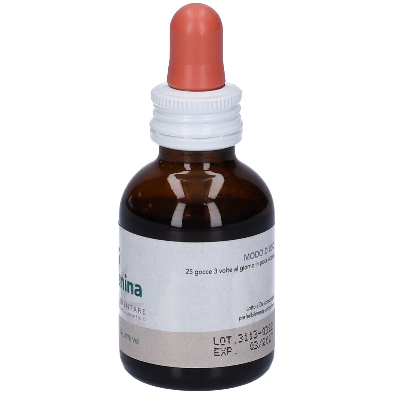 Flacone di vetro marrone con contagocce. Etichetta con istruzioni di dosaggio e scadenza.