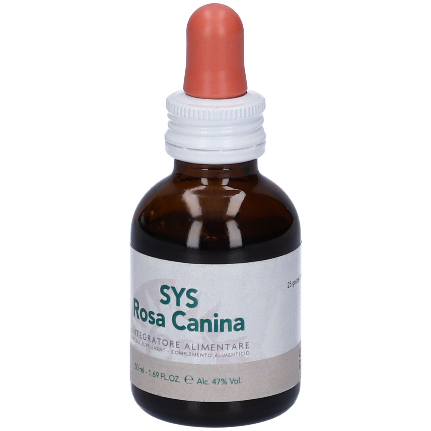 Flacone di vetro marrone con contagocce. Etichetta "SYS Rosa Canina" e indicazioni di dosaggio.