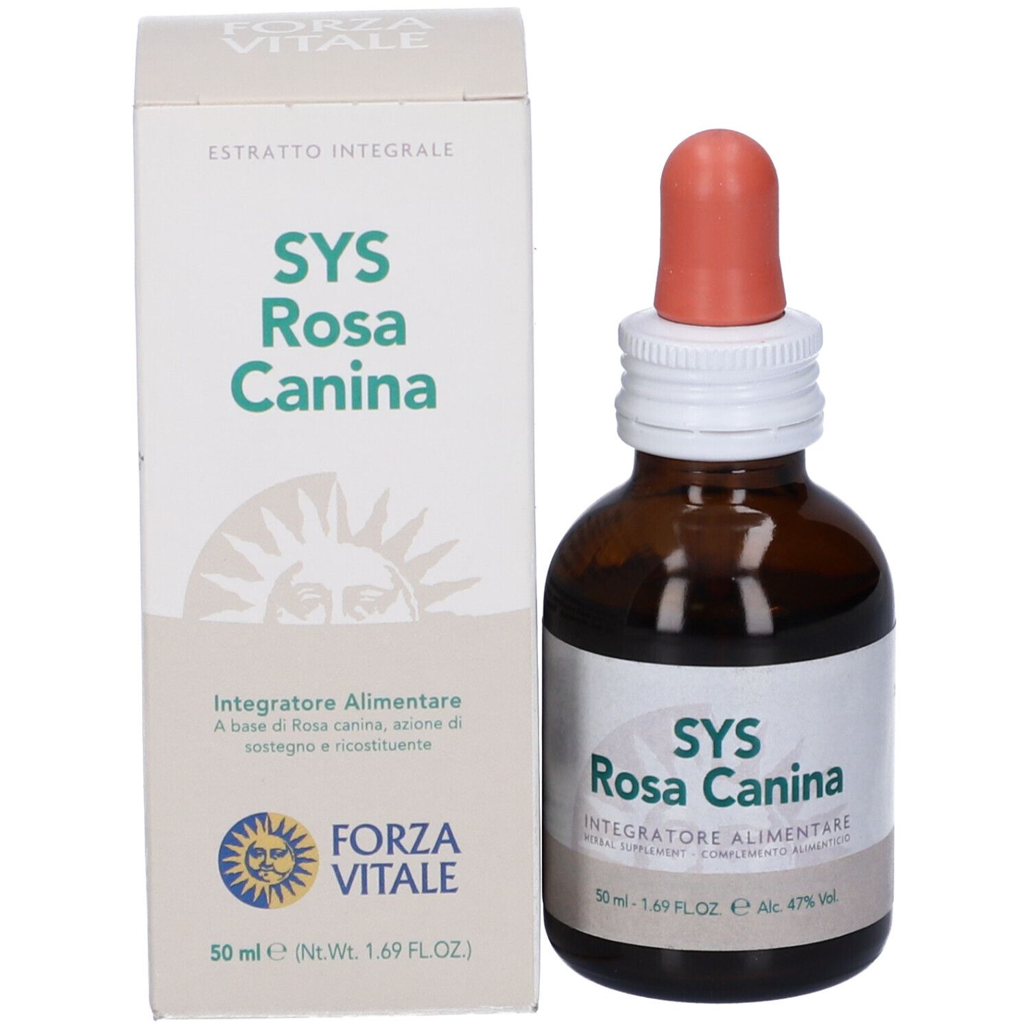 Flacone e scatola. Flacone con contagocce, etichetta "SYS Rosa Canina". Scatola con testo.