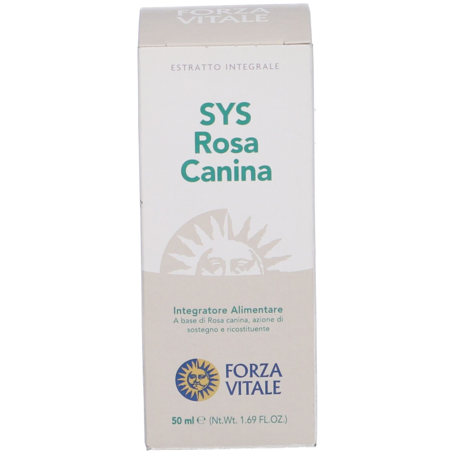 Scatola bianca con testo. Scritta "SYS Rosa Canina" e logo "Forza Vitale".