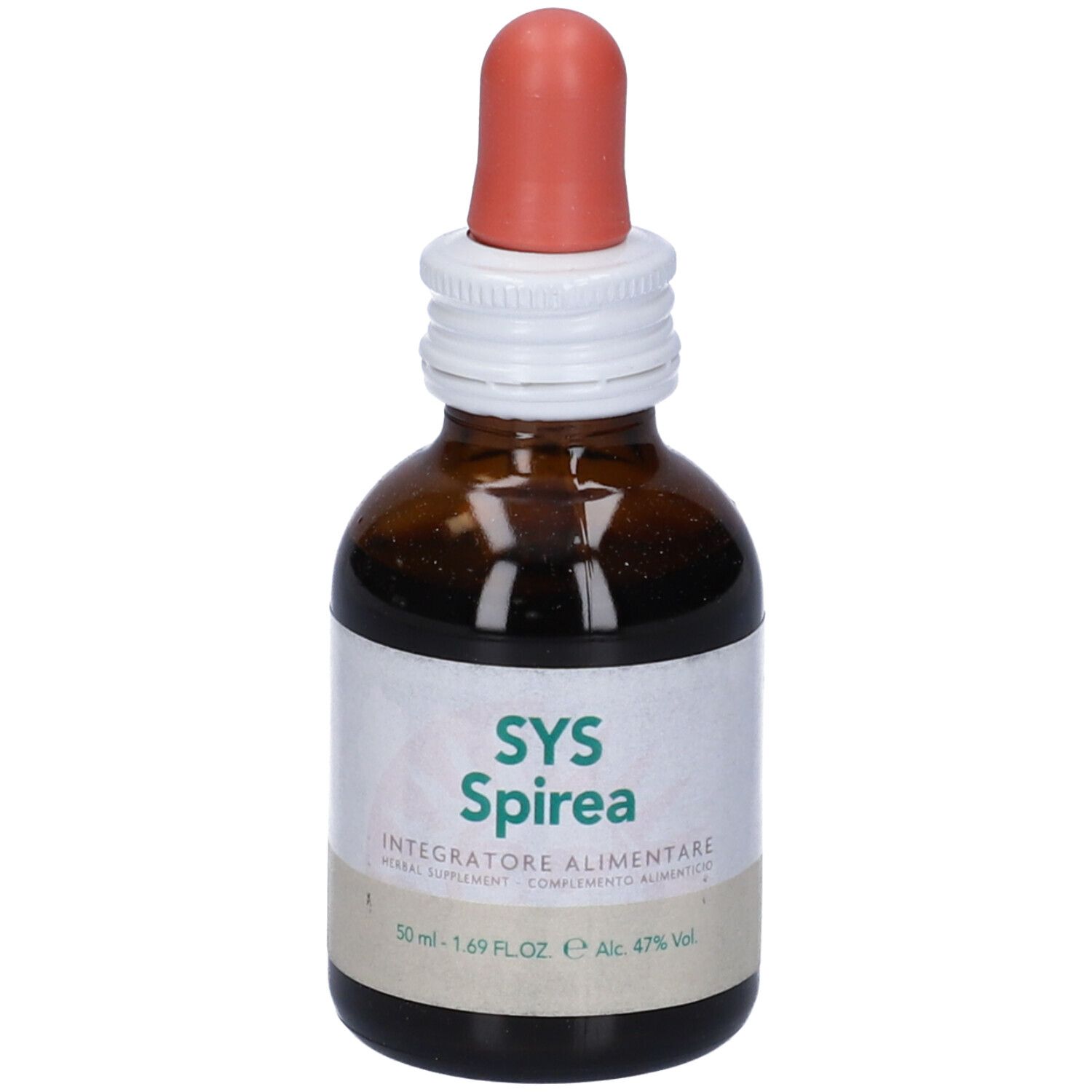 Flacone di vetro marrone con contagocce. Scritta SYS Spirea, Integratore Alimentare. Contiene 47% di alcol.
