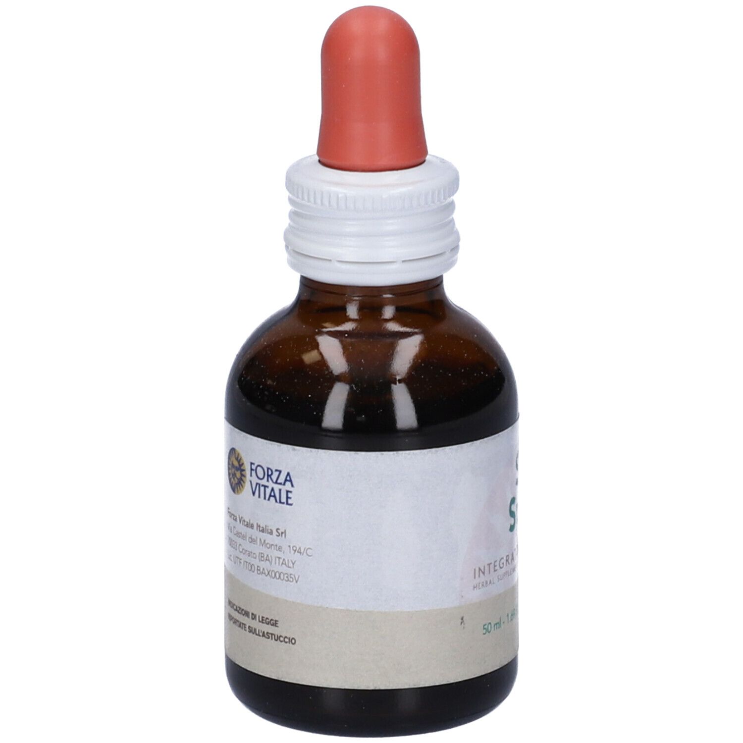 Flacone di vetro marrone con contagocce. Scritta SYS Spirea, Integratore Alimentare. Contiene 47% di alcol.