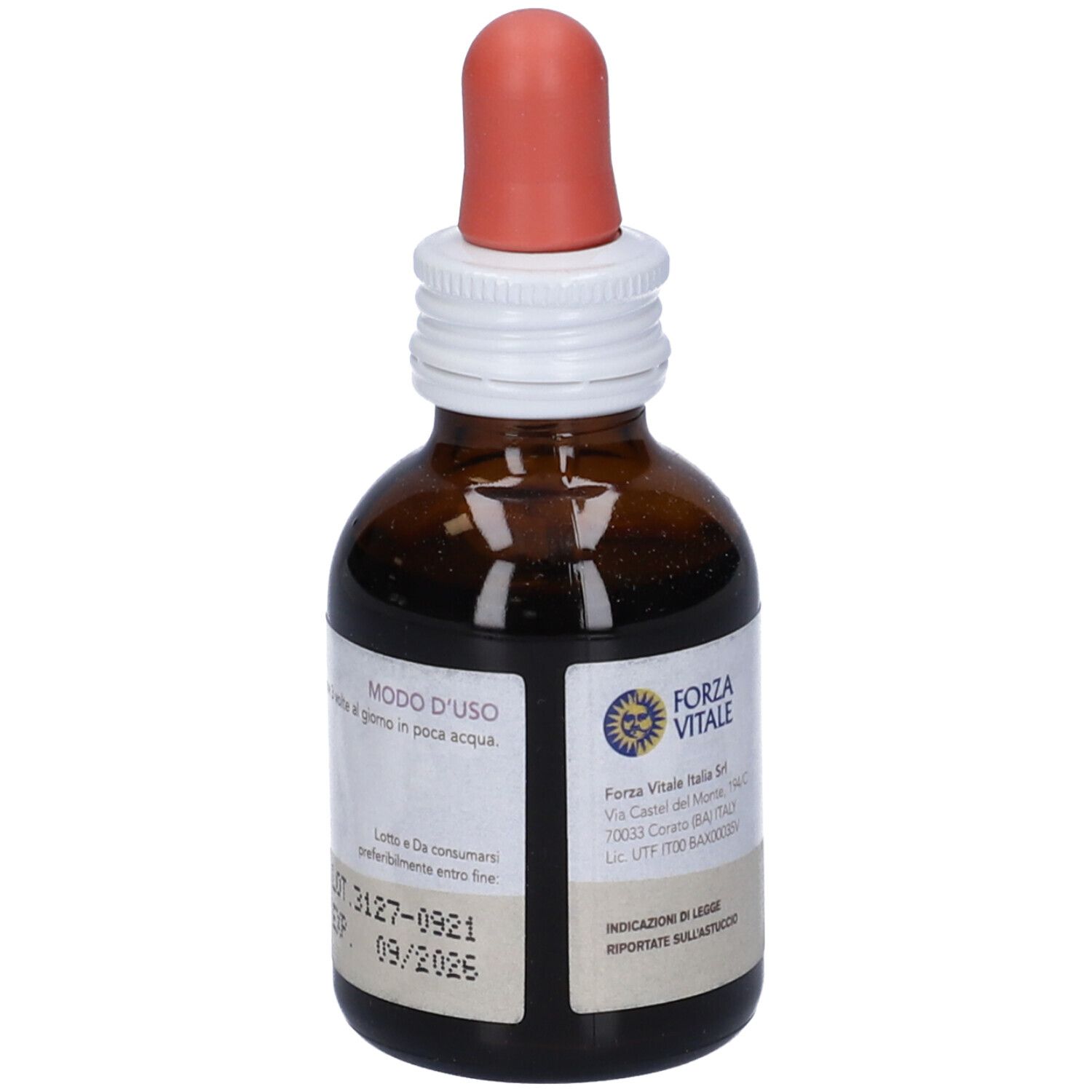 Flacone di vetro marrone con contagocce. Scritta SYS Spirea, Integratore Alimentare. Contiene 47% di alcol.