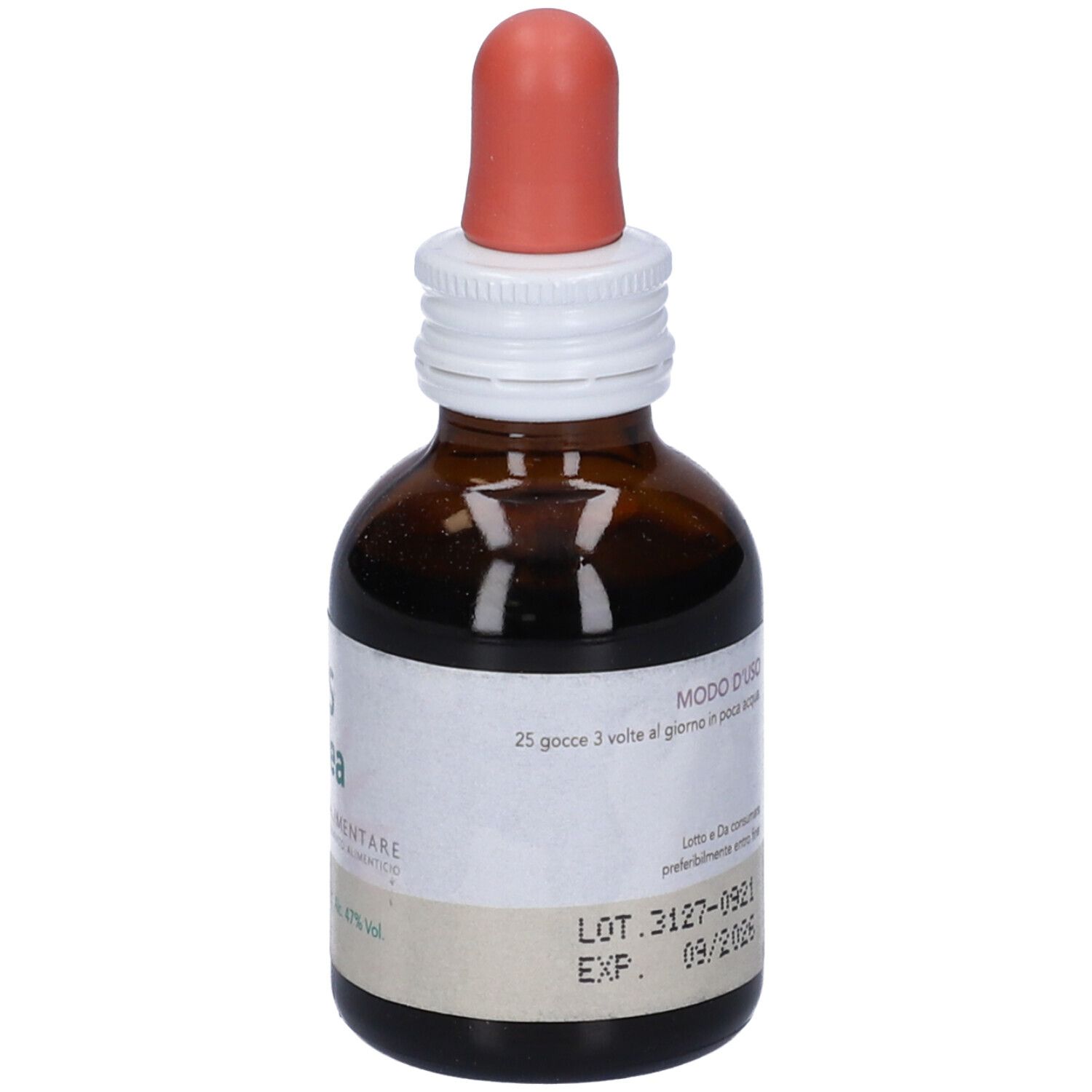 Flacone di vetro marrone con contagocce. Scritta SYS Spirea, Integratore Alimentare. Contiene 47% di alcol.