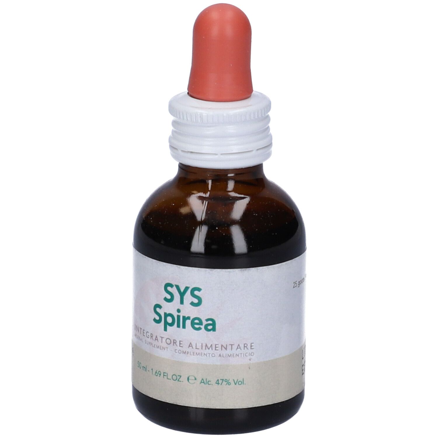 Flacone di vetro marrone con contagocce. Scritta SYS Spirea, Integratore Alimentare. Contiene 47% di alcol.