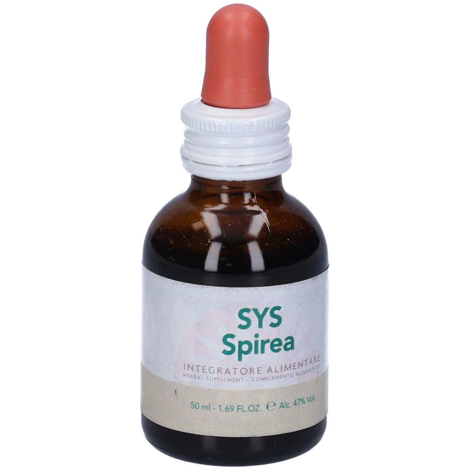 Flacone di vetro marrone con contagocce. Scritta SYS Spirea, Integratore Alimentare. Contiene 47% di alcol.