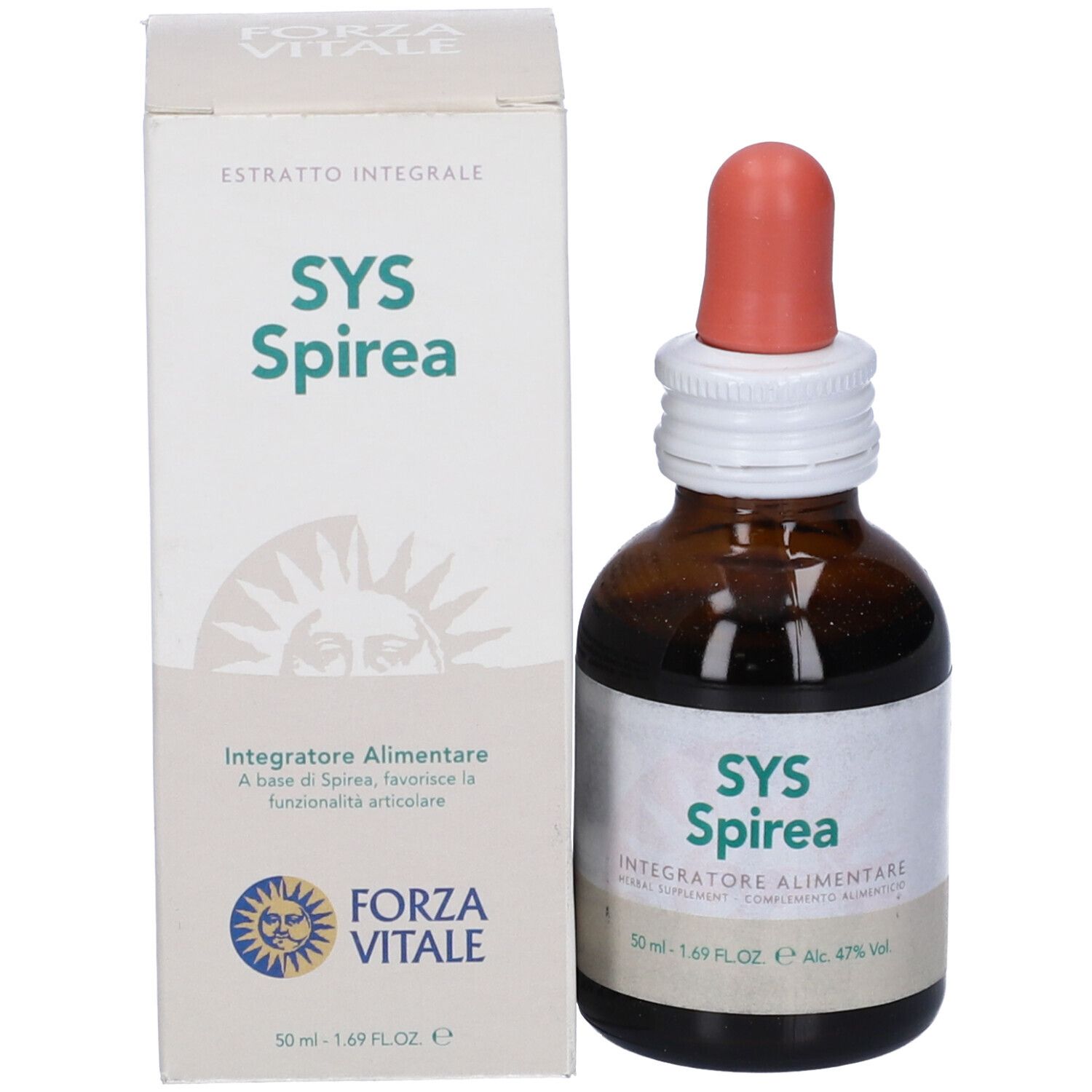 Flacone di vetro marrone con contagocce e scatola. Scritta SYS Spirea, Integratore Alimentare. Contiene 47% di alcol.