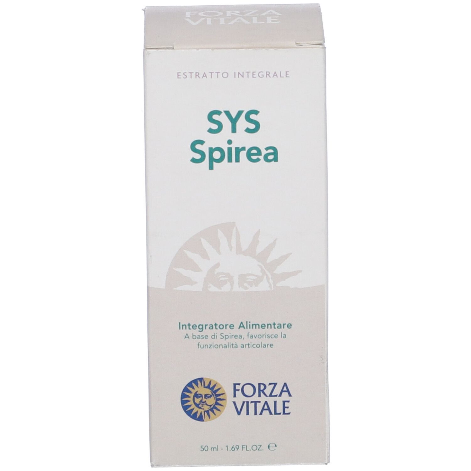 Scatola con scritta SYS Spirea, Integratore Alimentare. Logo Forza Vitale. Contiene 50 ml.