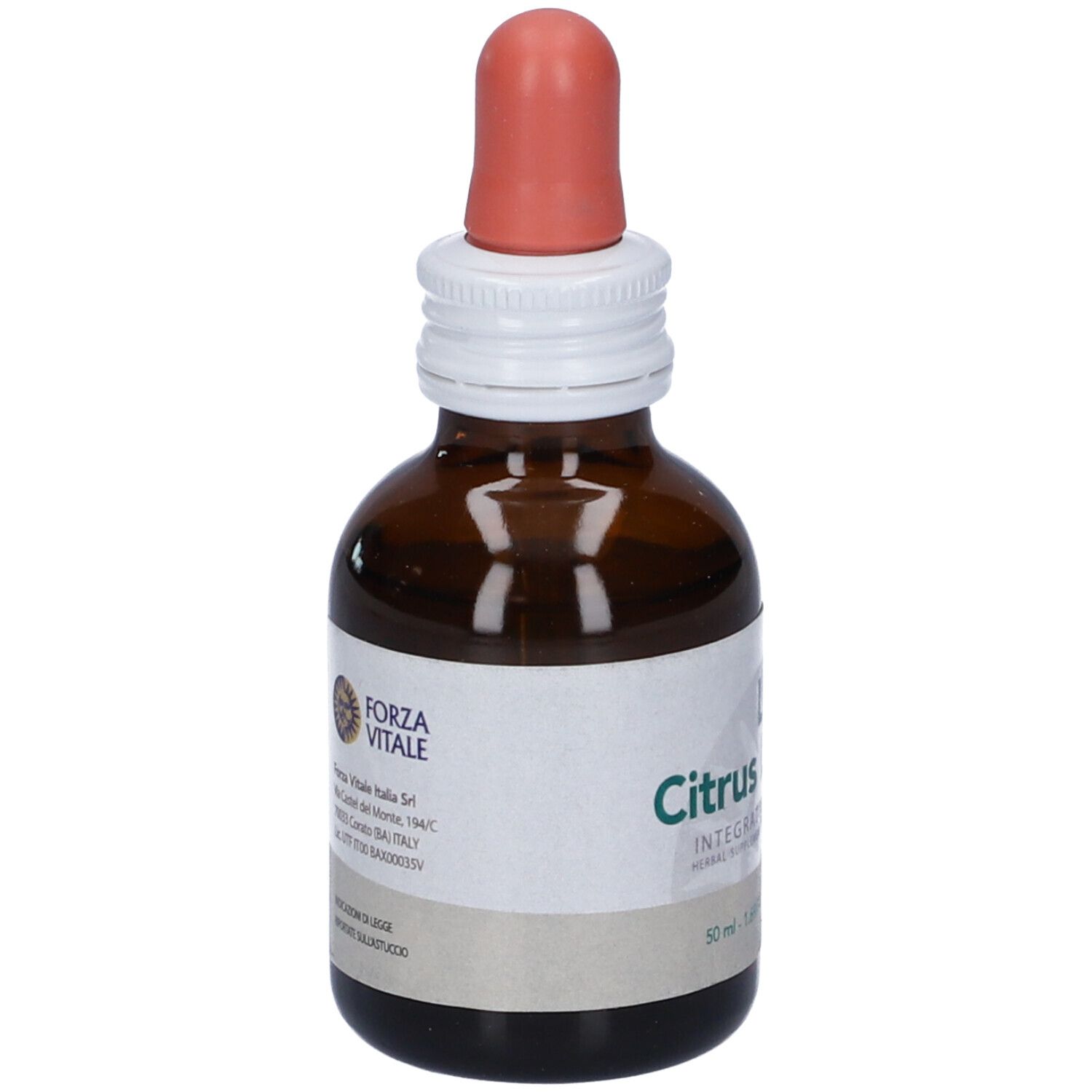 Flacone di vetro marrone con contagocce. Etichetta "FORZA VITALE" e "Citrus Limonum".