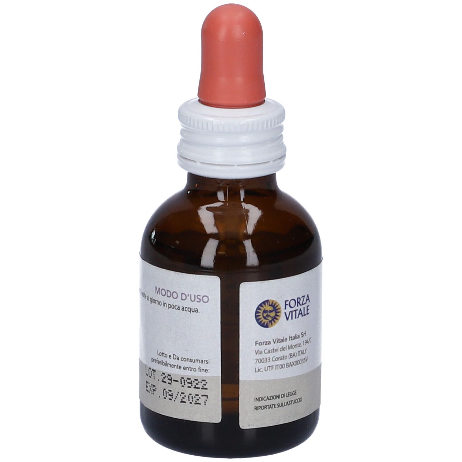 Flacone di vetro marrone con contagocce. Etichetta posteriore con informazioni e "FORZA VITALE".
