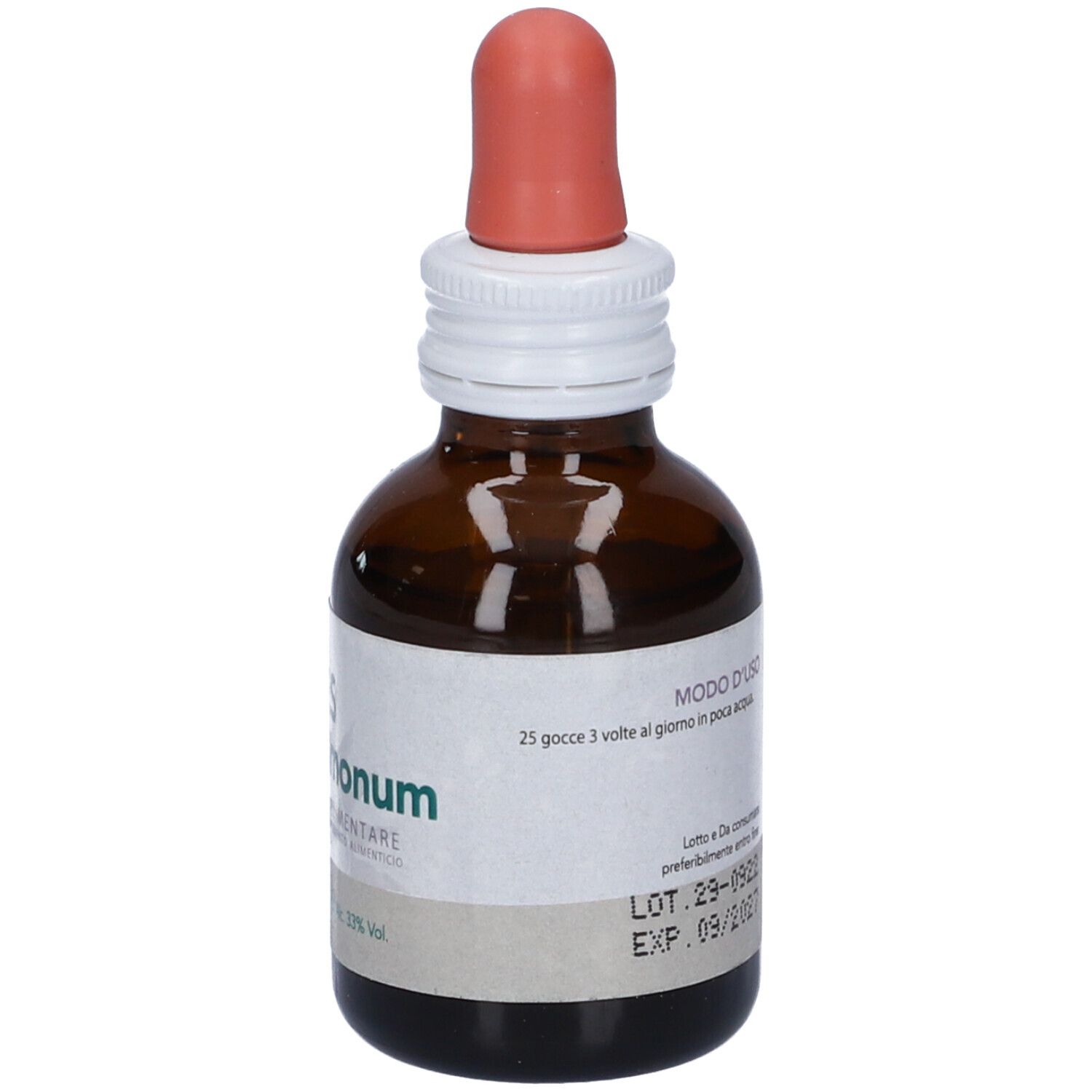 Flacone di vetro marrone con contagocce. Etichetta con istruzioni e "FORZA VITALE".