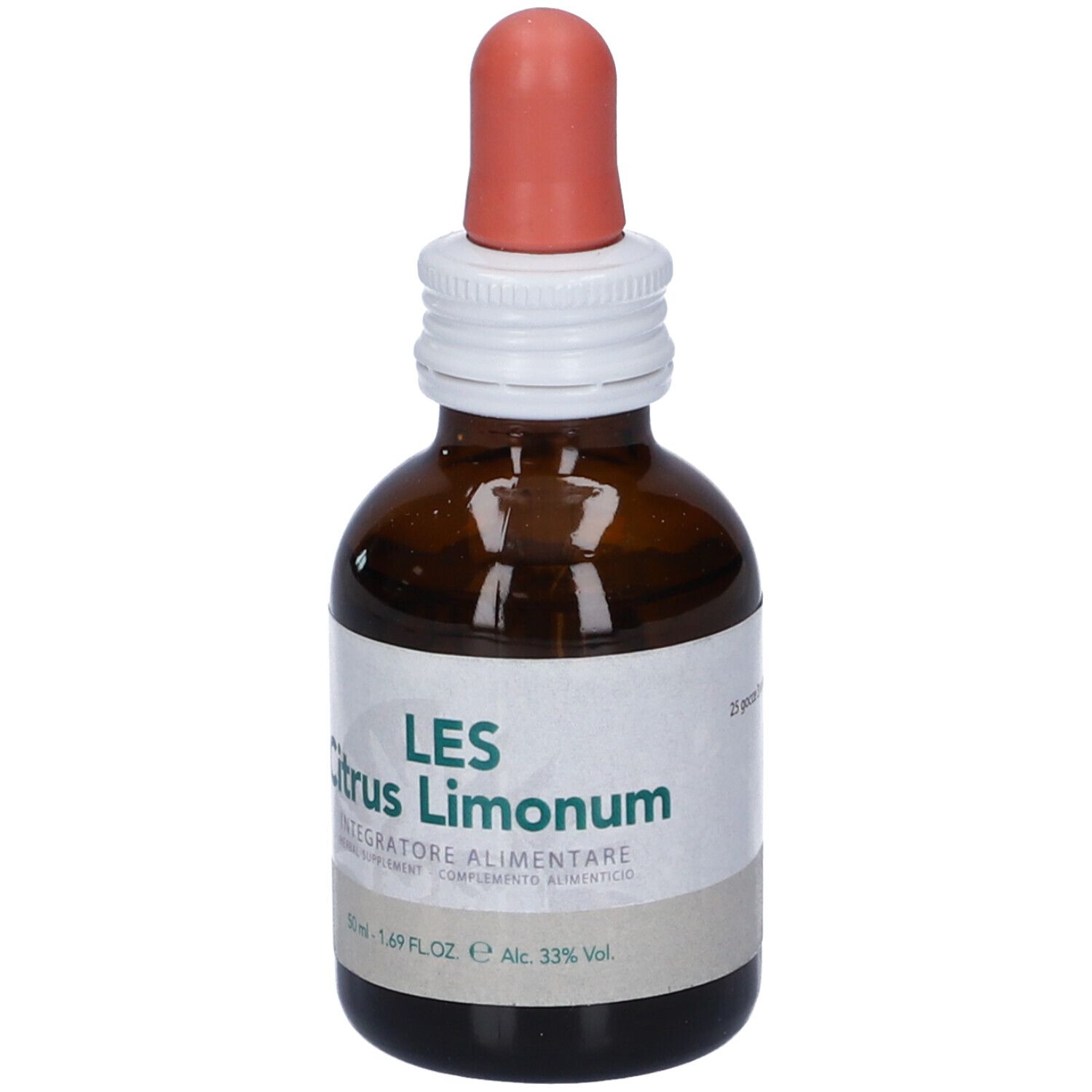 Flacone di vetro marrone con contagocce. Etichetta "LES Citrus Limonum" e indicazione del volume.