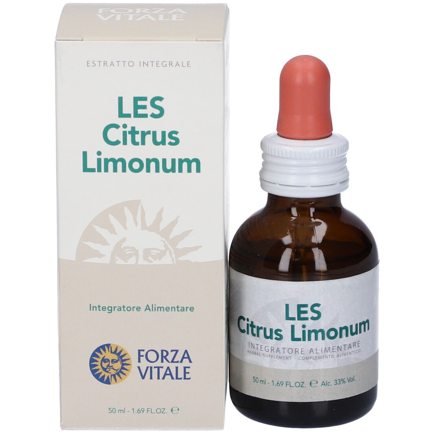 Flacone di vetro marrone con contagocce e scatola. Sulla scatola c'è scritto "LES Citrus Limonum".