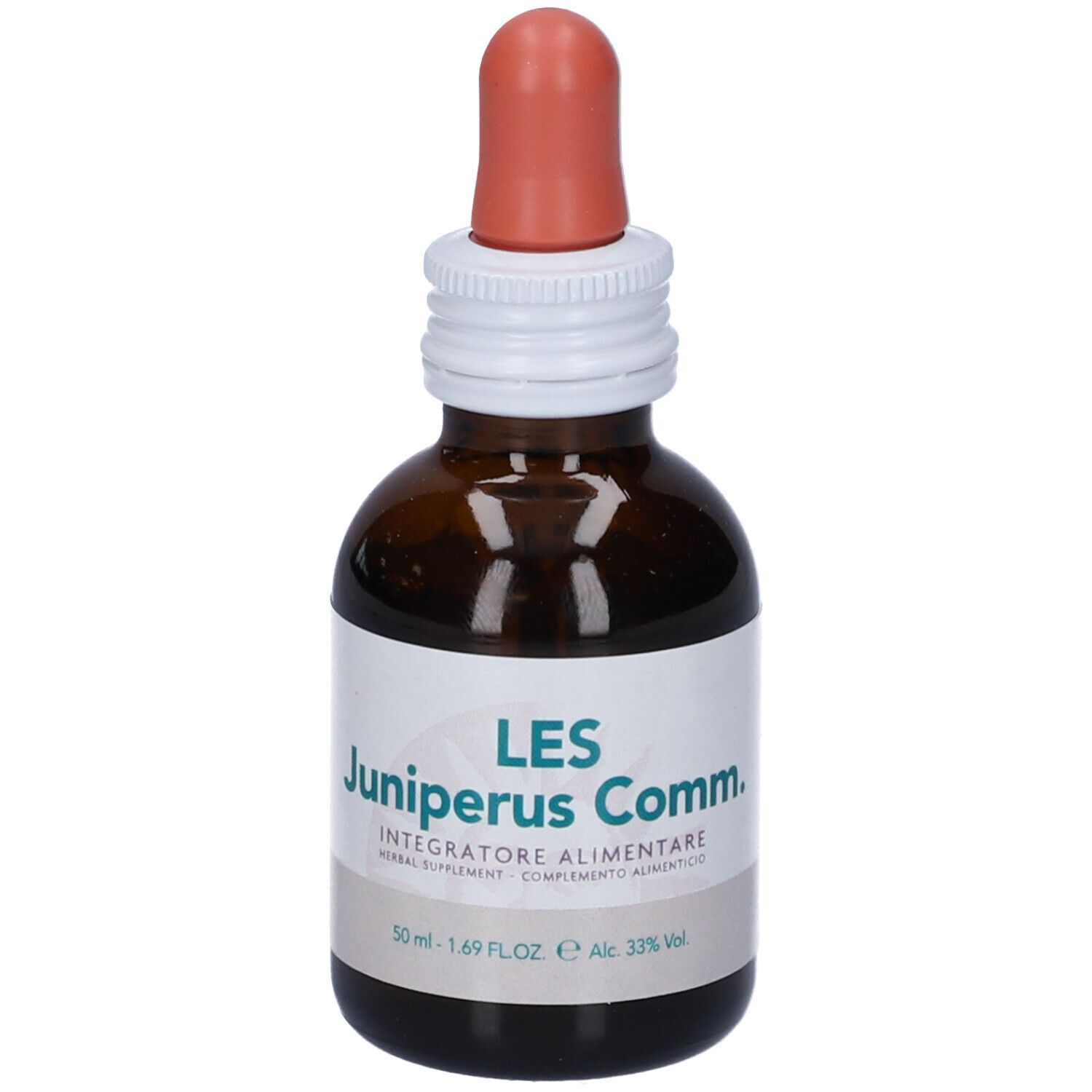 Flacone di vetro marrone con contagocce. Scritta: LES Juniperus Comm. Integratore Alimentare, 50 ml.