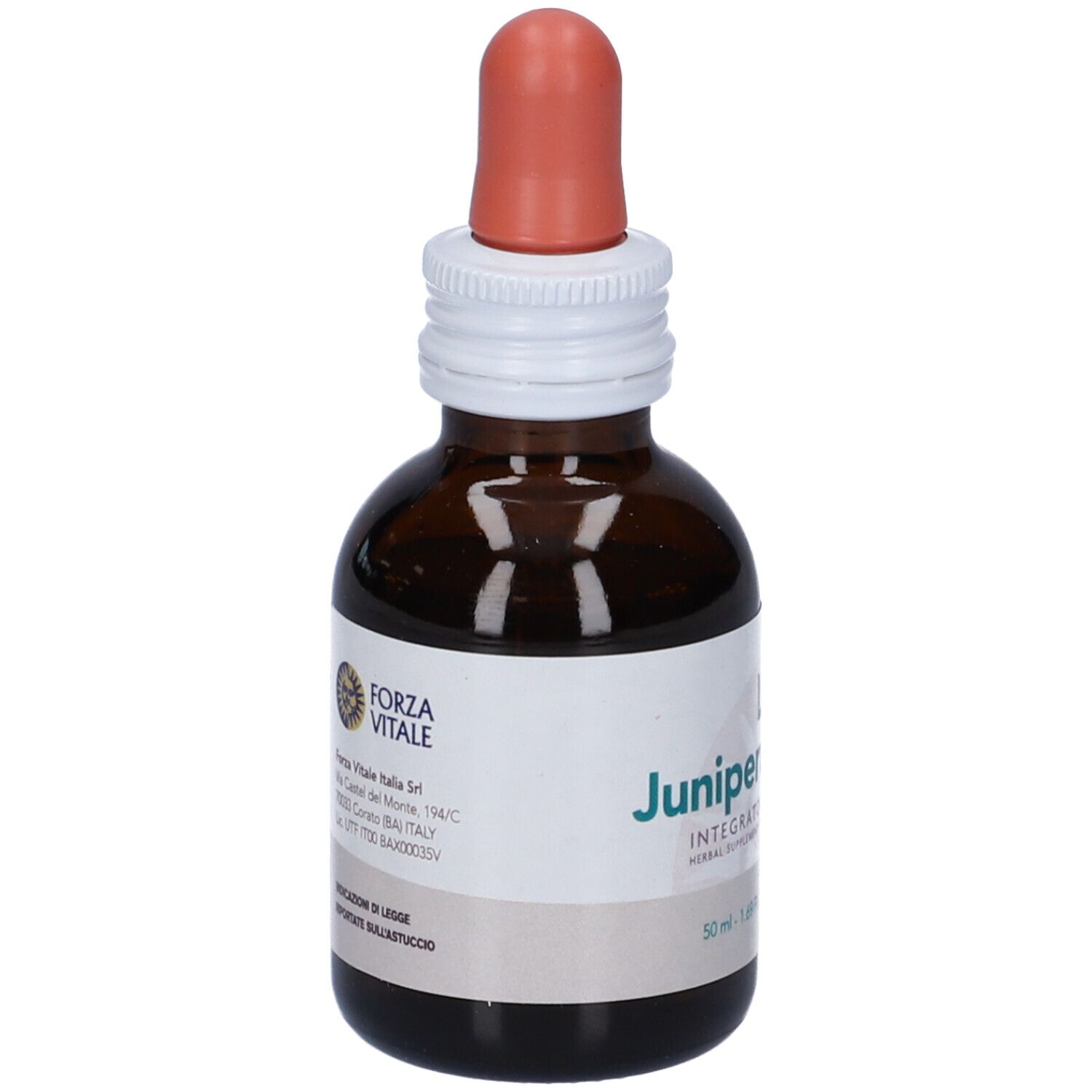 Flacone di vetro marrone con contagocce. Scritta: LES Juniperus Comm. Integratore Alimentare, 50 ml.