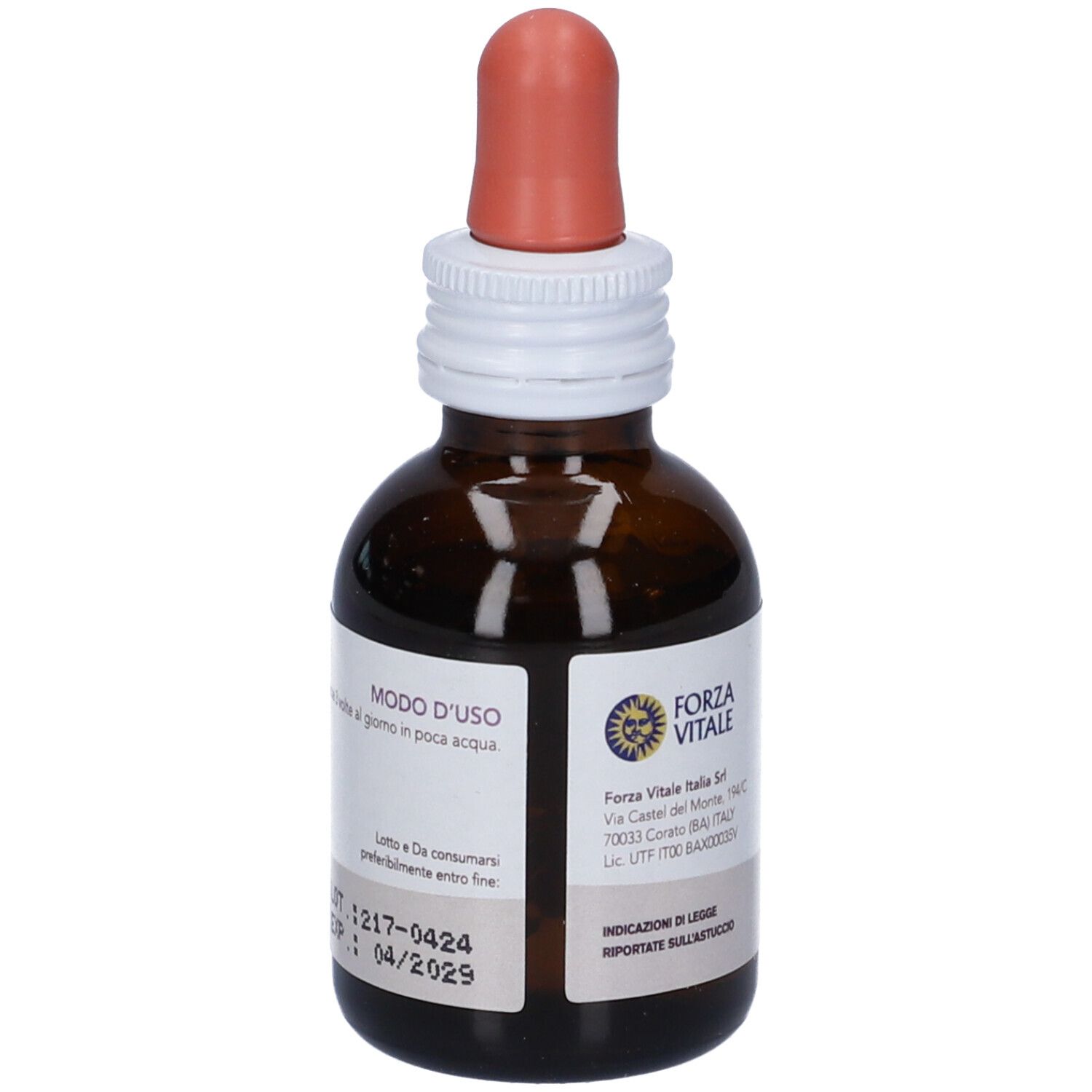 Flacone di vetro marrone con contagocce. Scritta: LES Juniperus Comm. Integratore Alimentare, 50 ml.