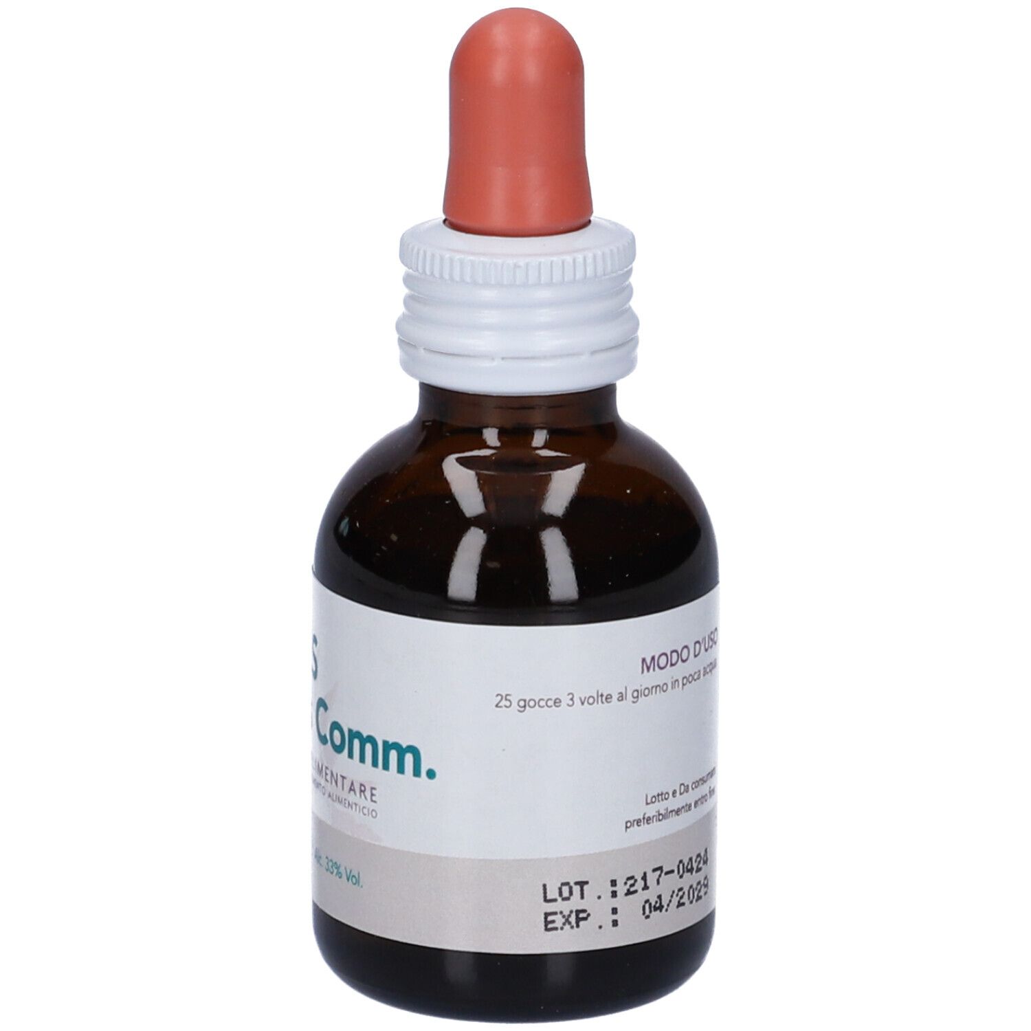 Flacone di vetro marrone con contagocce. Scritta: LES Juniperus Comm. Integratore Alimentare, 50 ml.