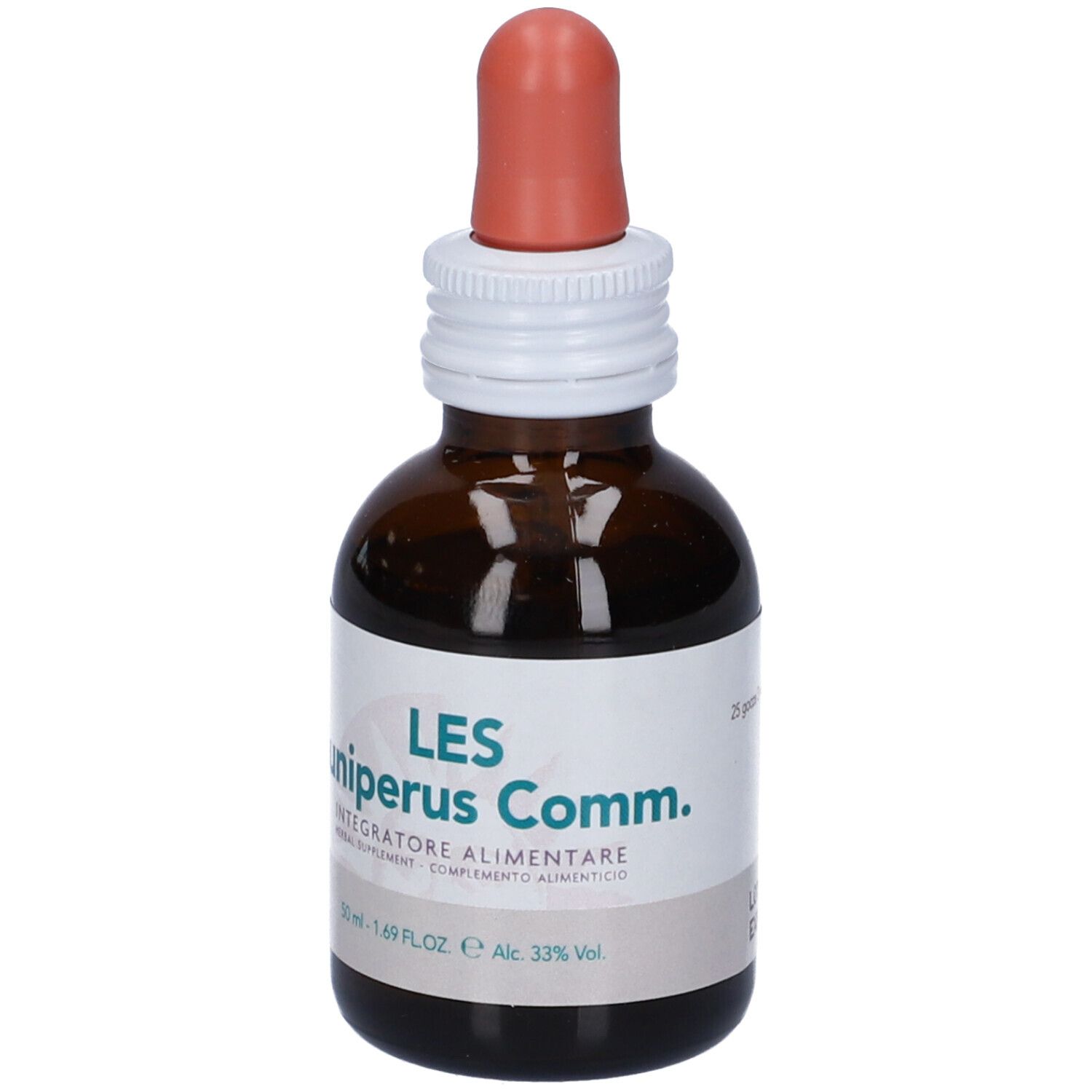 Flacone di vetro marrone con contagocce. Scritta: LES Juniperus Comm. Integratore Alimentare, 50 ml.