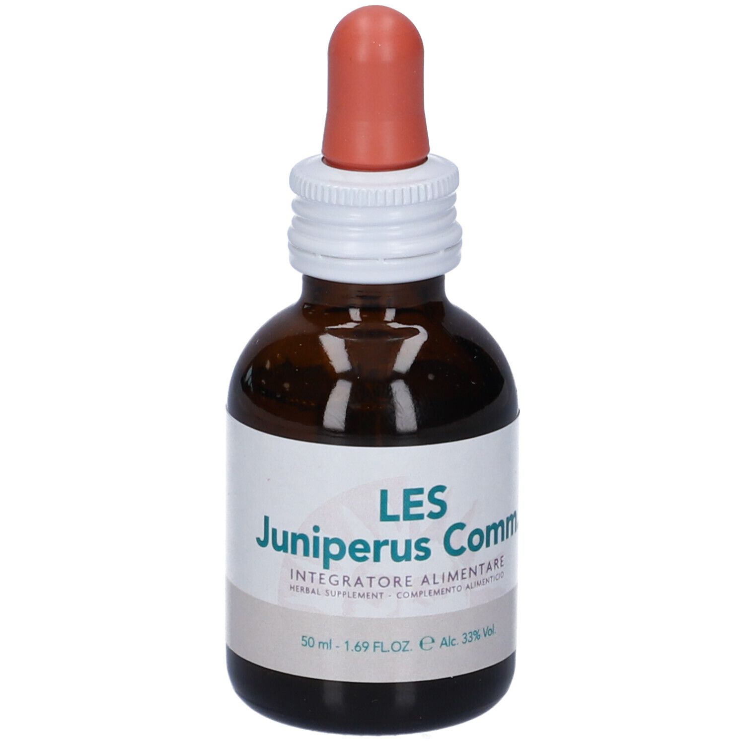 Flacone di vetro marrone con contagocce. Scritta: LES Juniperus Comm. Integratore Alimentare, 50 ml.