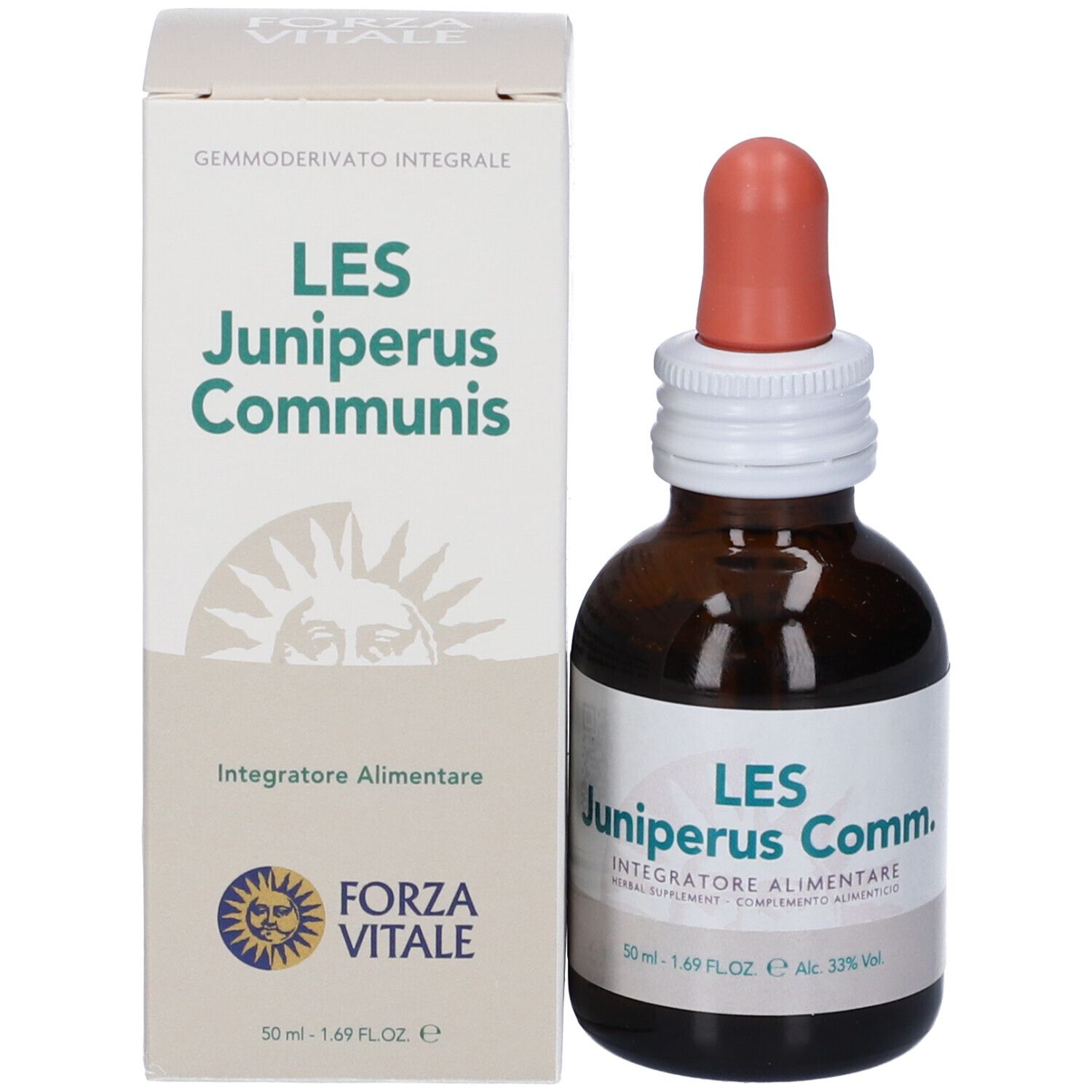 Flacone di vetro marrone con contagocce e confezione. Scritta: LES Juniperus Communis, Integratore Alimentare.