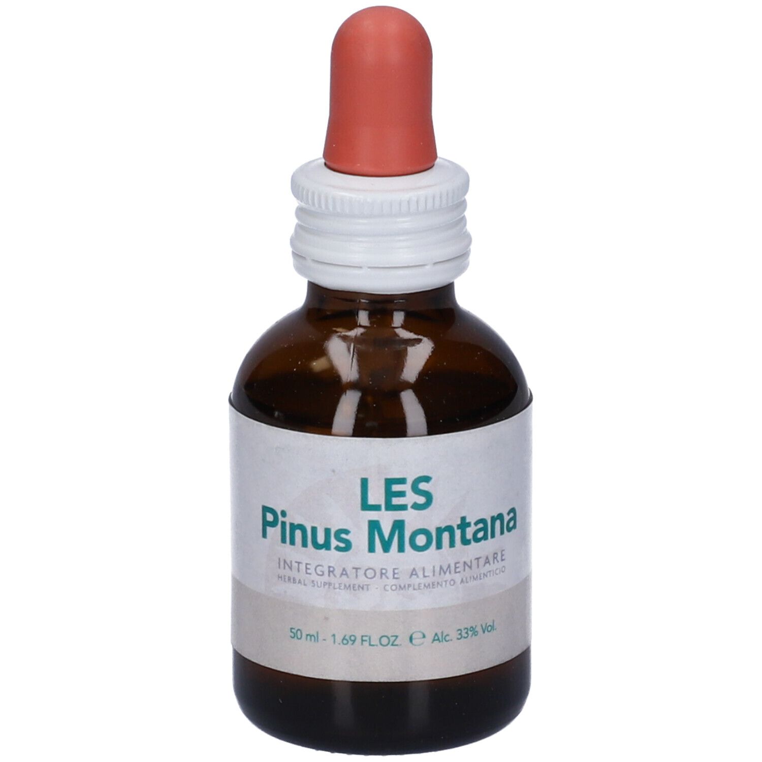 Flacone di vetro marrone con contagocce. Scritta: LES Pinus Montana. Integratore alimentare. Etichetta con informazioni.