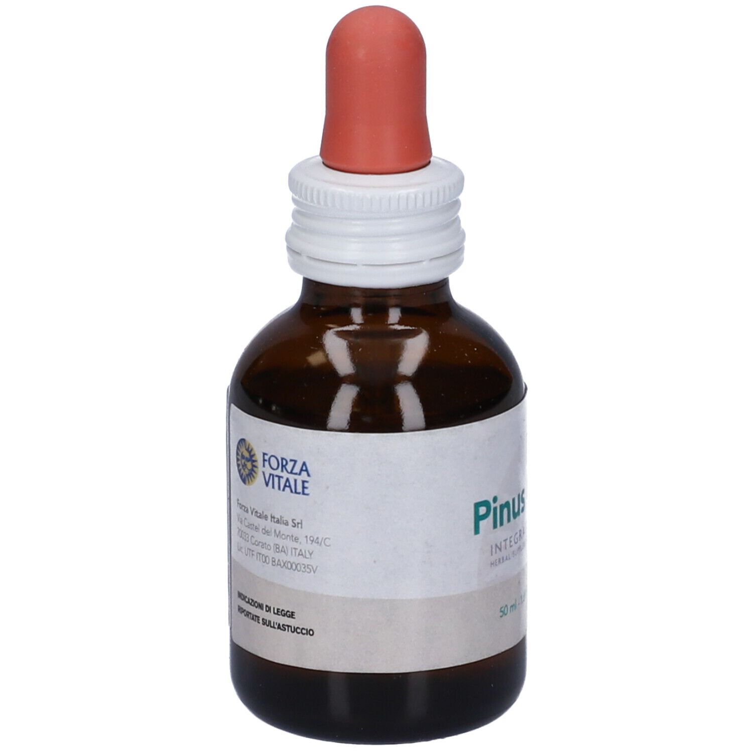 Flacone di vetro marrone con contagocce. Scritta: LES Pinus Montana. Integratore alimentare. Etichetta con informazioni.
