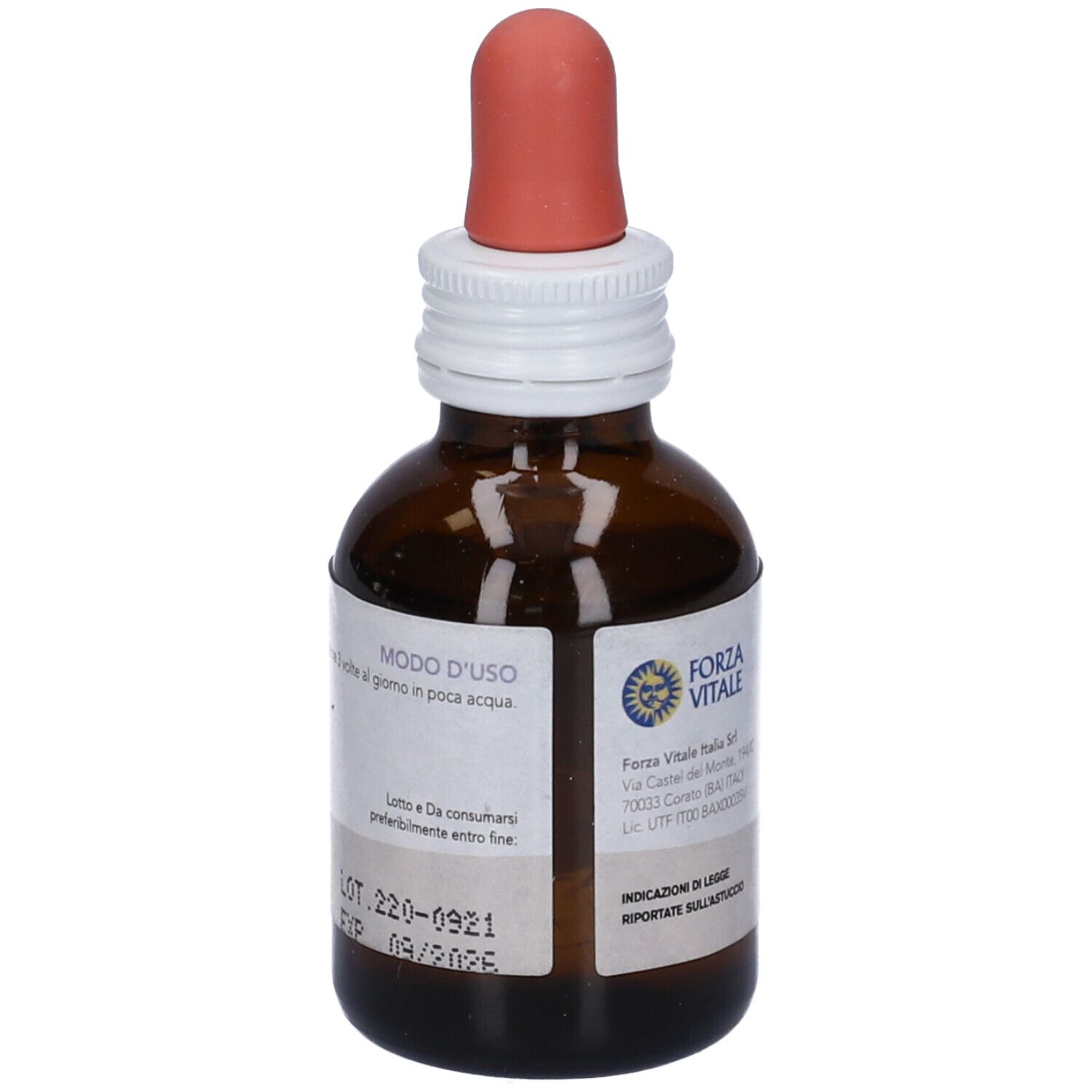 Flacone di vetro marrone con contagocce. Scritta: LES Pinus Montana. Integratore alimentare. Etichetta con informazioni.