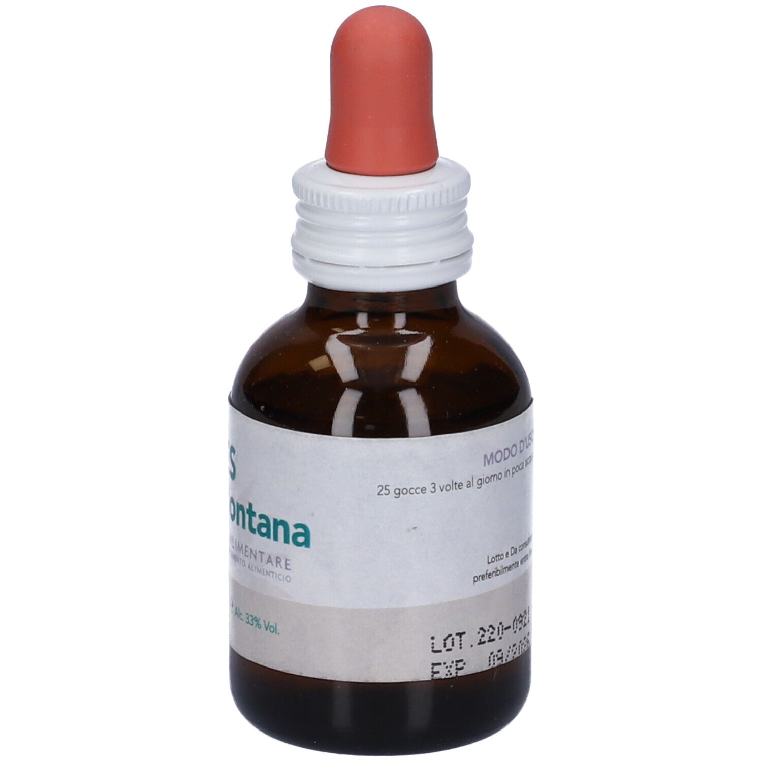 Flacone di vetro marrone con contagocce. Scritta: LES Pinus Montana. Integratore alimentare. Etichetta con informazioni.