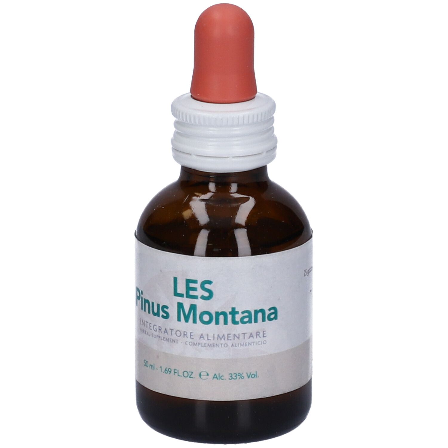Flacone di vetro marrone con contagocce. Scritta: LES Pinus Montana. Integratore alimentare. Etichetta con informazioni.