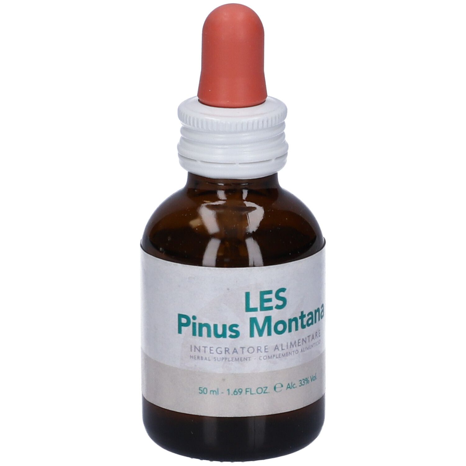 Flacone di vetro marrone con contagocce. Scritta: LES Pinus Montana. Integratore alimentare. Etichetta con informazioni.