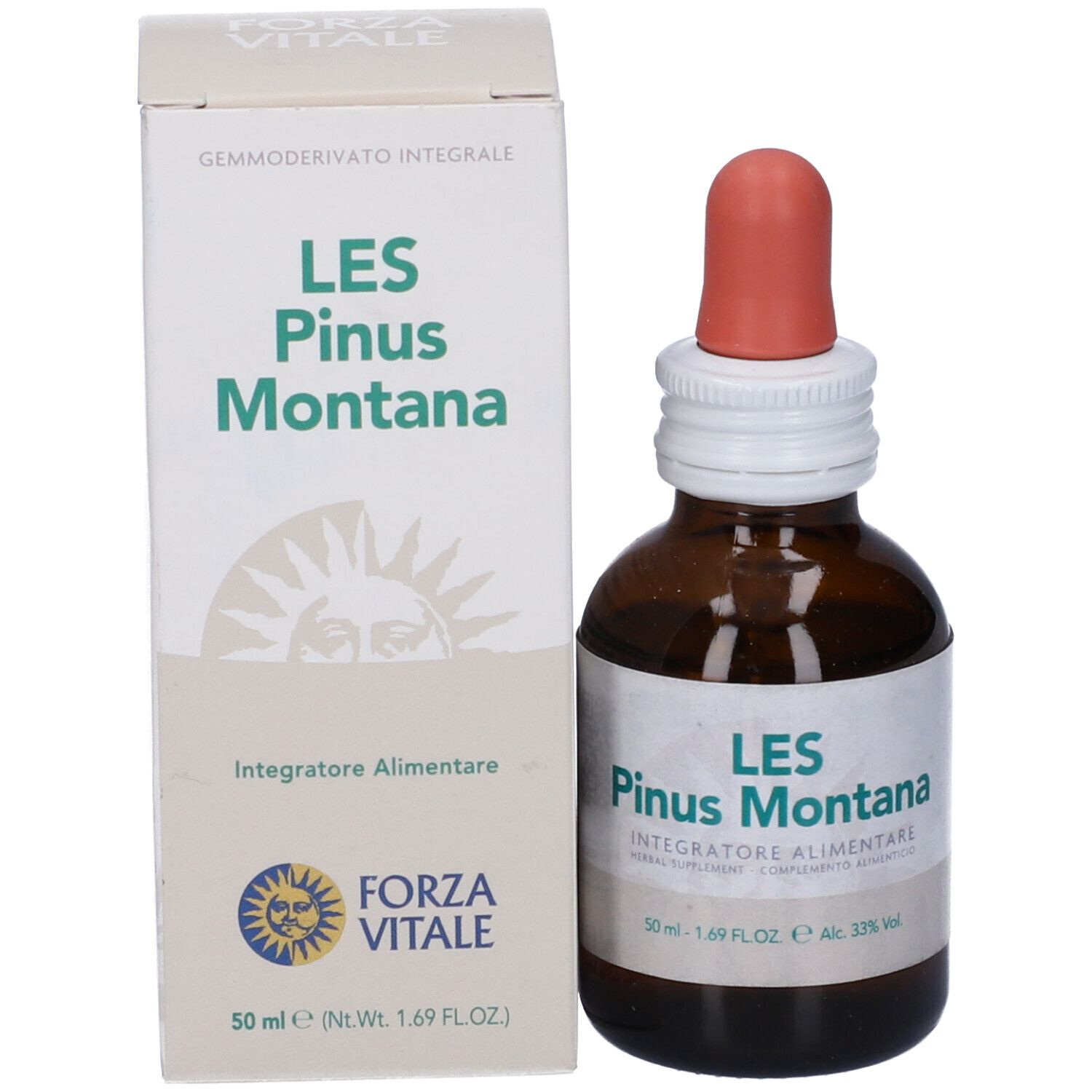 Flacone di vetro marrone con contagocce e confezione. Scritta: LES Pinus Montana, FORZA VITALE. Integratore alimentare.
