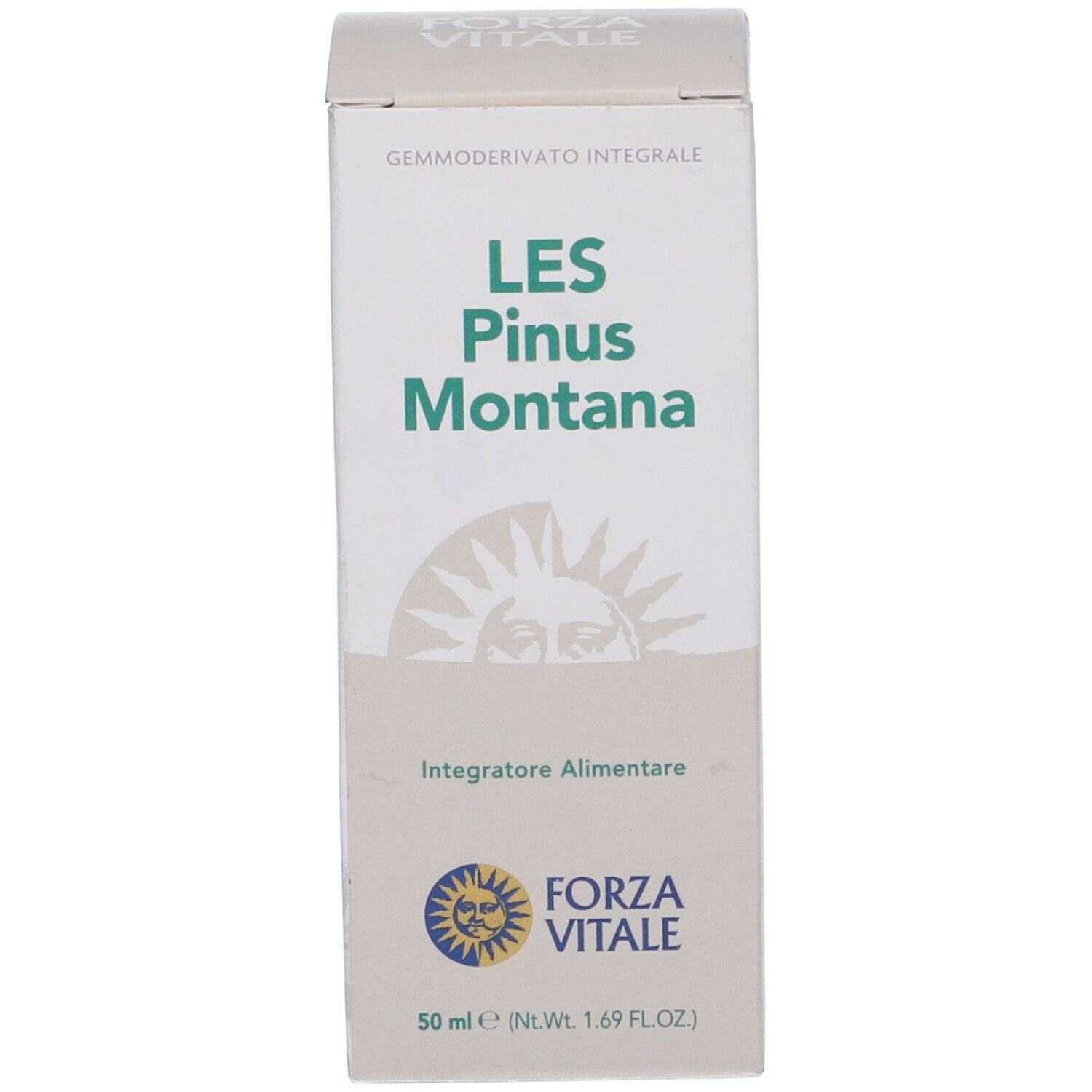 Confezione per LES Pinus Montana. Scritta: LES Pinus Montana, FORZA VITALE. Integratore alimentare.