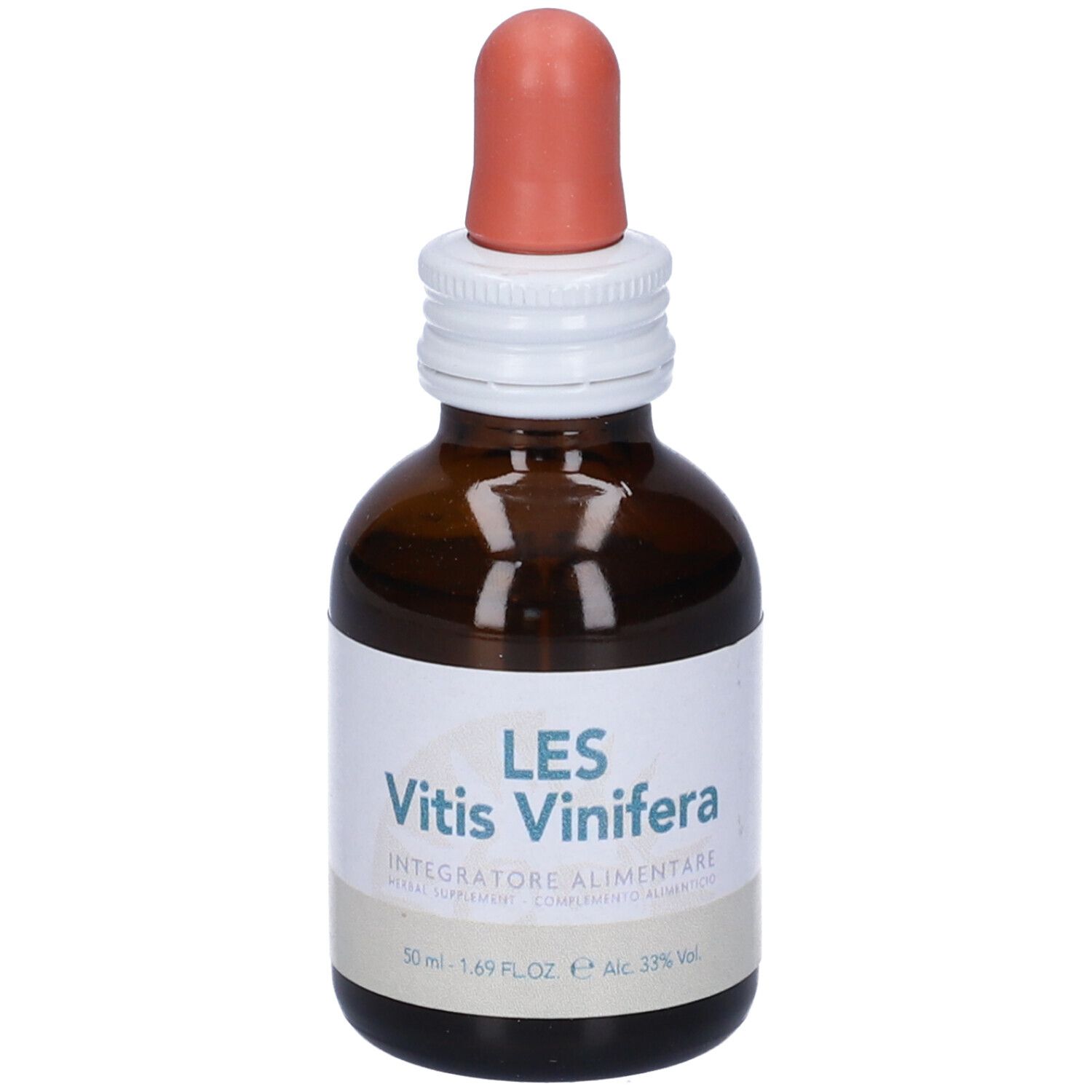 Flacone di vetro marrone con contagocce. Scritta: LES Vitis Vinifera, Integratore Alimentare. Contiene 33% di alcool.