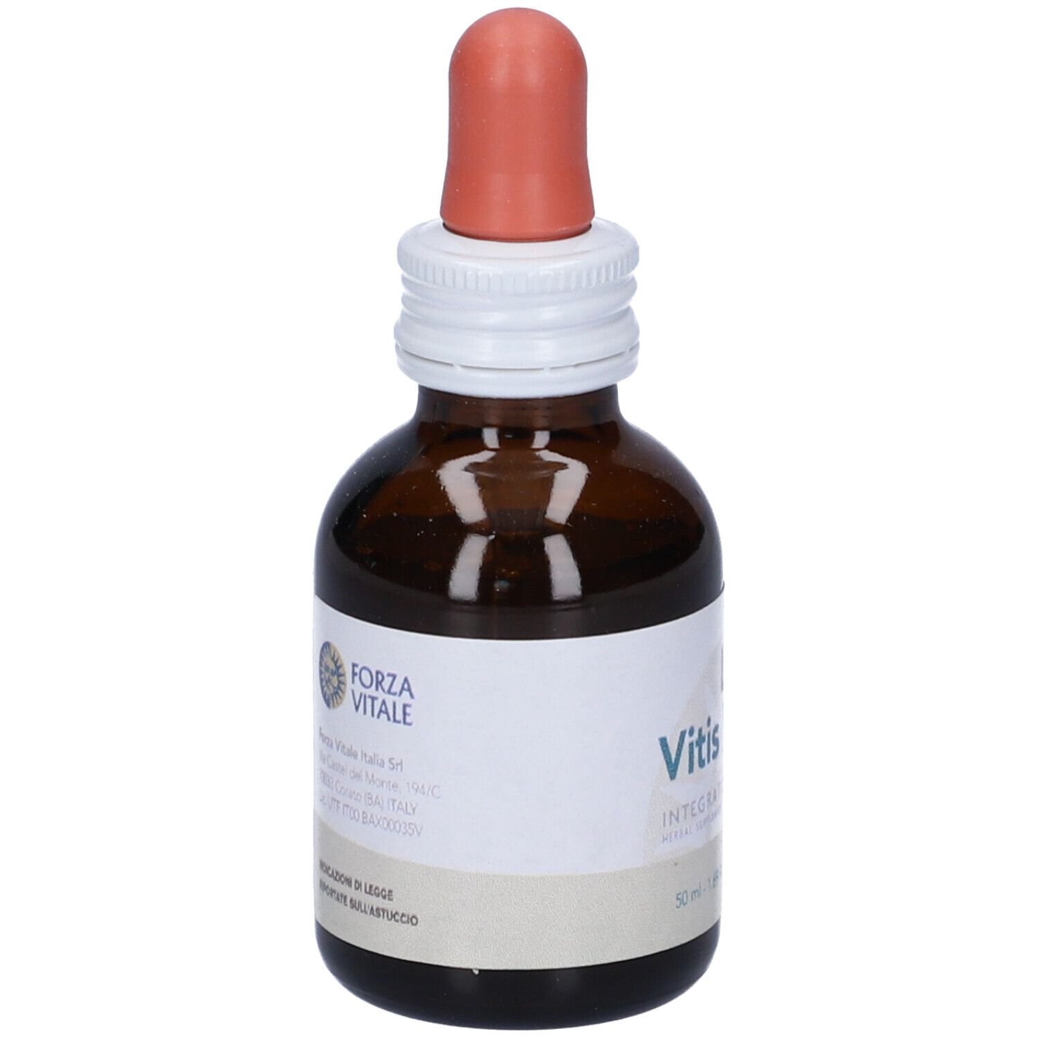 Flacone di vetro marrone con contagocce. Scritta: LES Vitis Vinifera, Integratore Alimentare. Marchio: Forza Vitale.