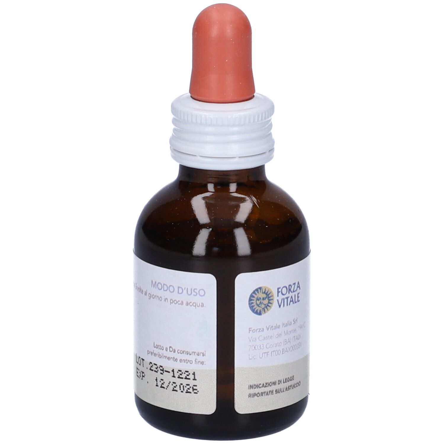 Flacone di vetro marrone con contagocce. Scritta: LES Vitis Vinifera, Integratore Alimentare. Marchio: Forza Vitale.