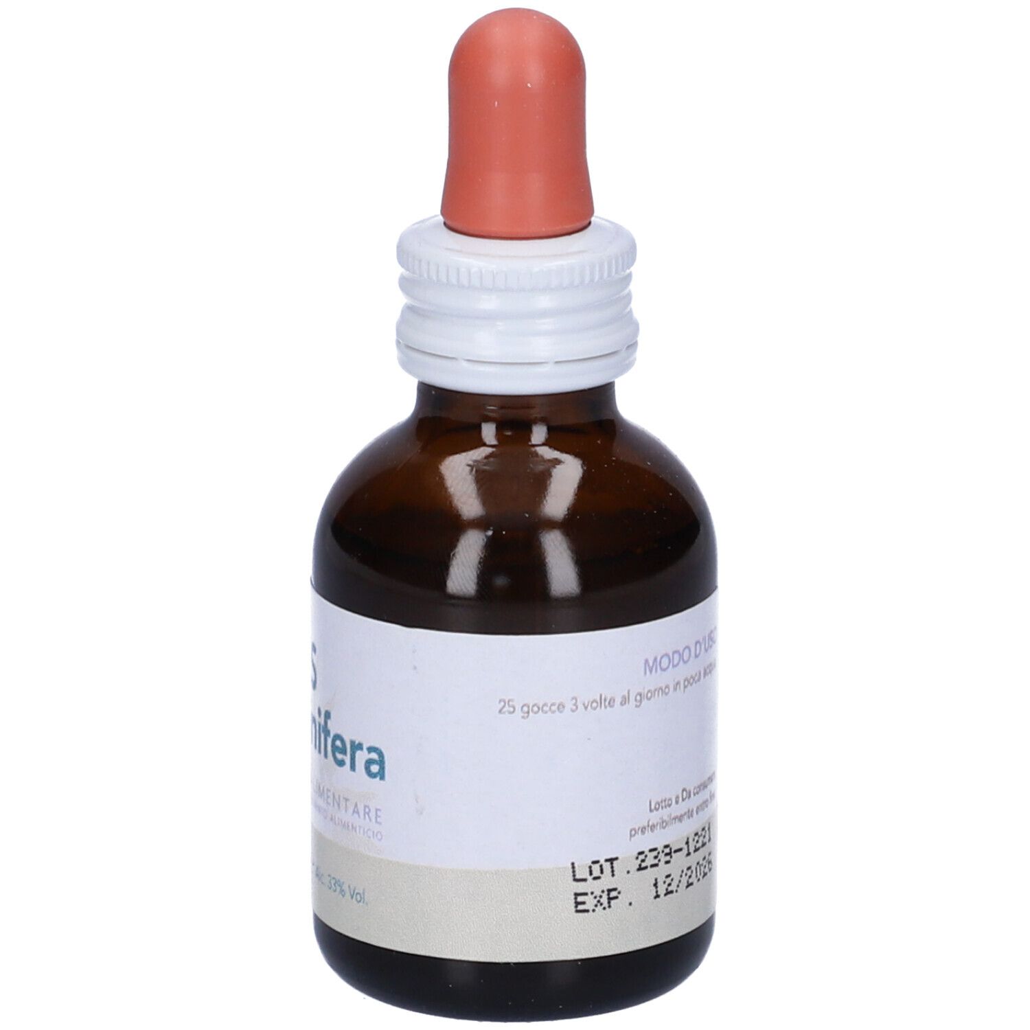 Flacone di vetro marrone con contagocce. Scritta: LES Vitis Vinifera, Integratore Alimentare. Marchio: Forza Vitale.