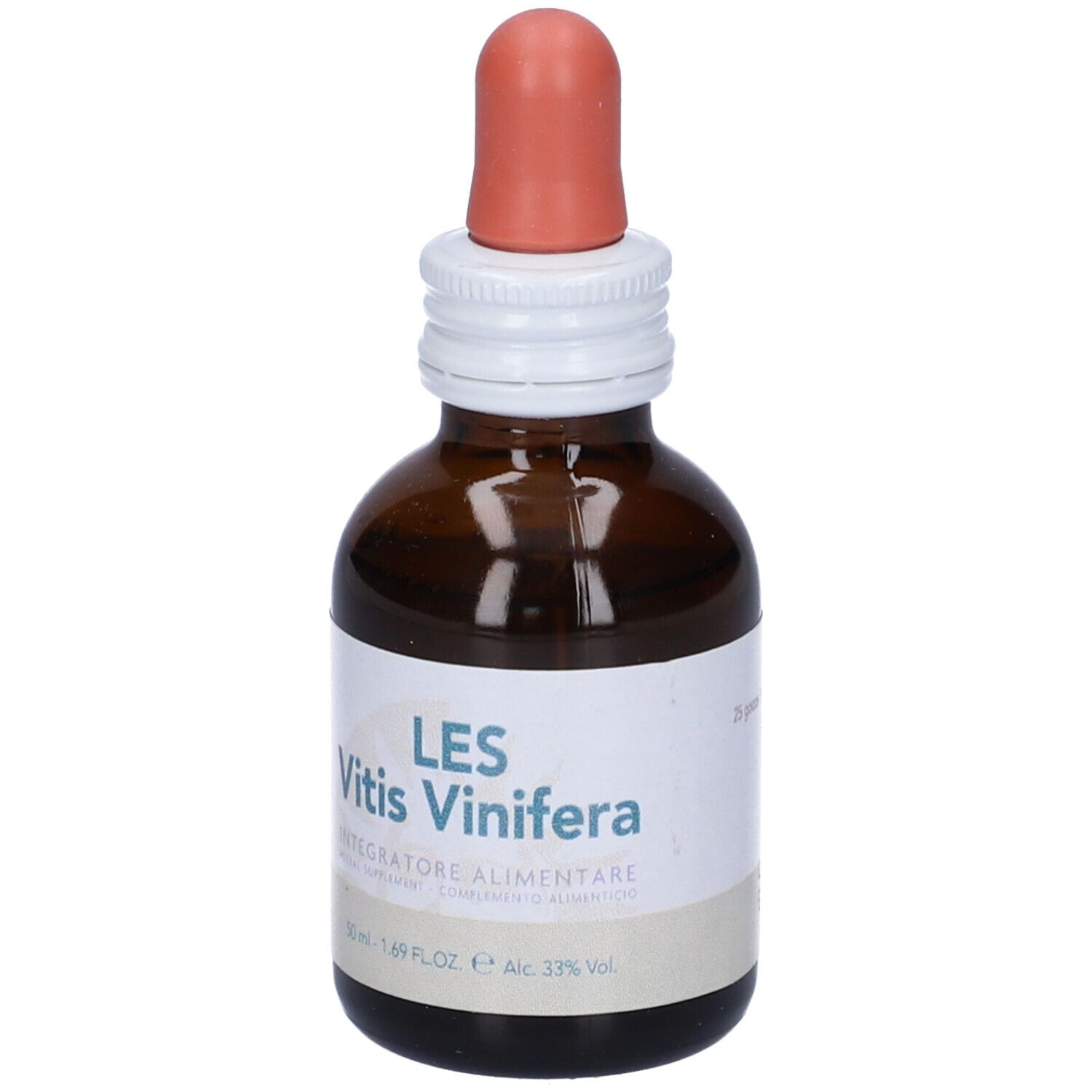 Flacone di vetro marrone con contagocce. Scritta: LES Vitis Vinifera, Integratore Alimentare. Marchio: Forza Vitale.
