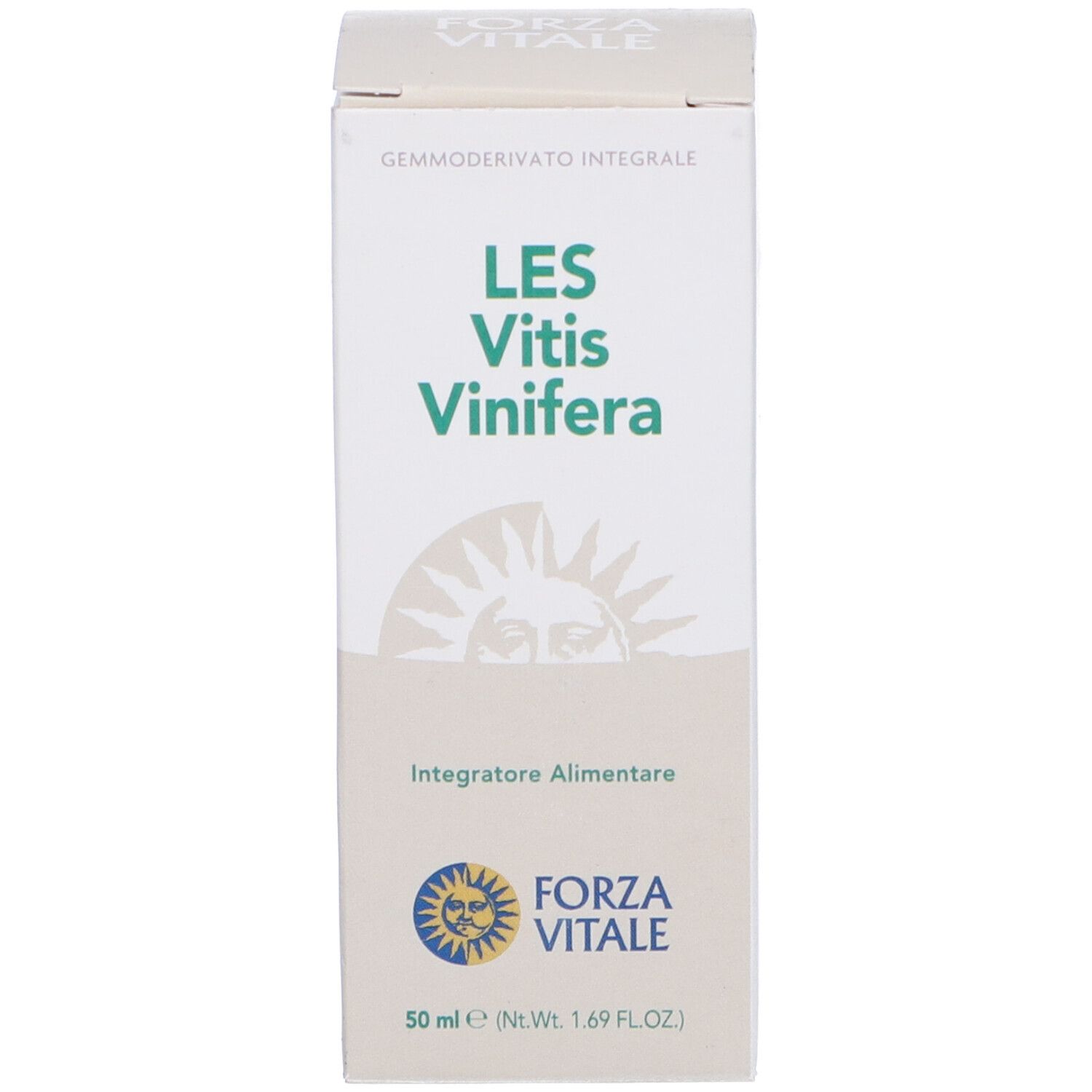 Scatola con scritta: LES Vitis Vinifera, Integratore Alimentare. Marchio: Forza Vitale. Con motivo sole.