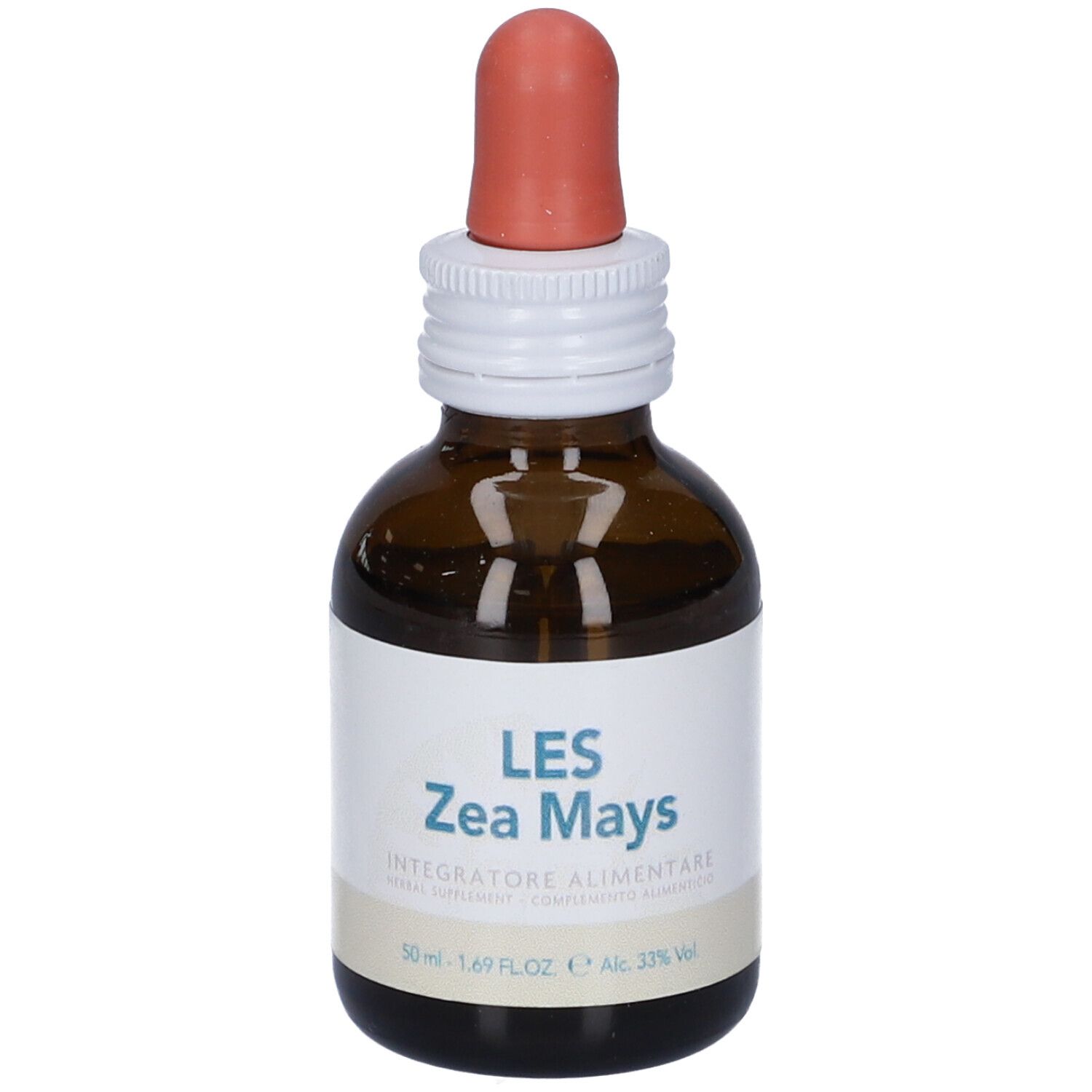 Flacone di vetro marrone con contagocce ed etichetta bianca. Les Zea Mays, integratore alimentare, 50 ml.