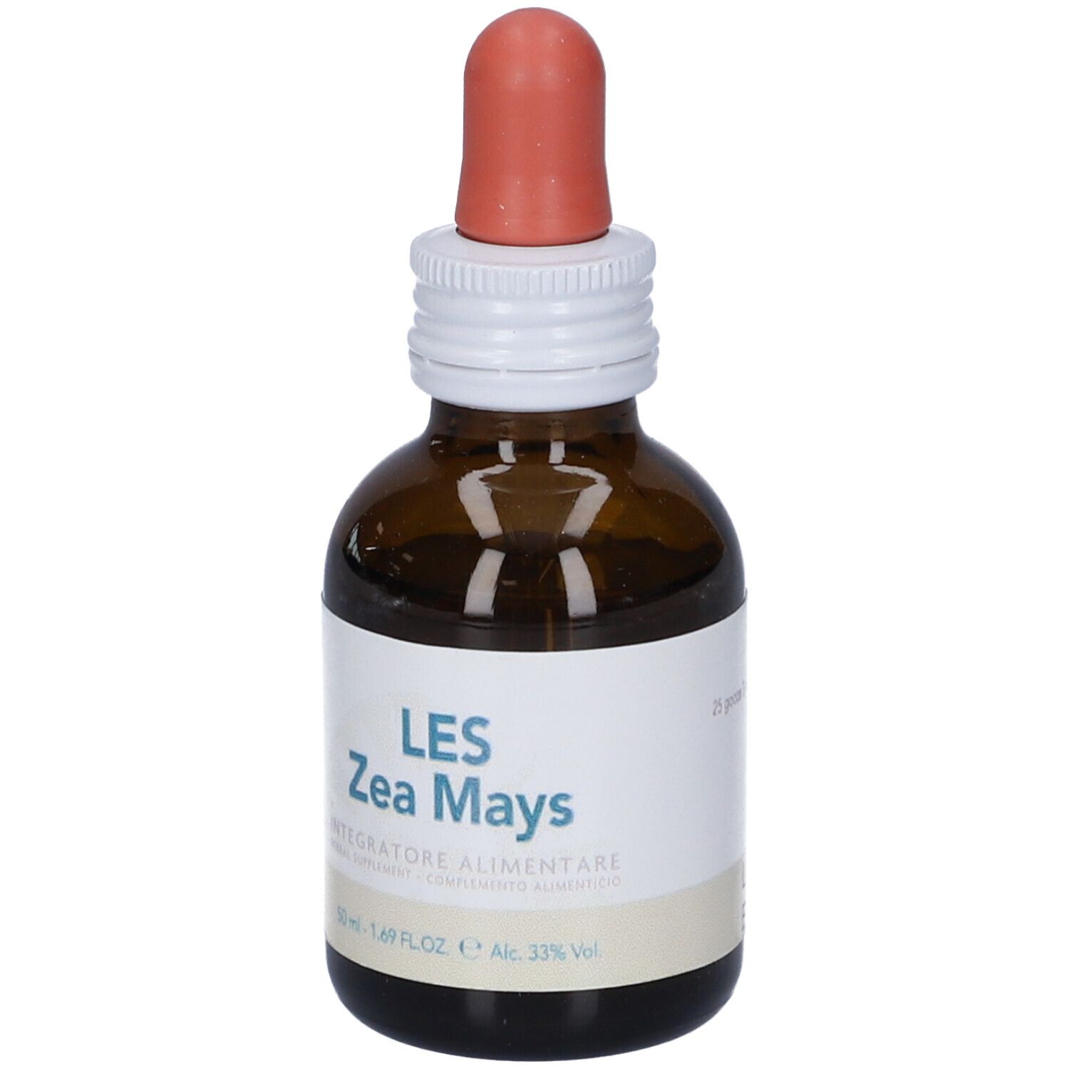 Flacone di vetro marrone con contagocce ed etichetta bianca. Les Zea Mays, integratore alimentare, 50 ml.
