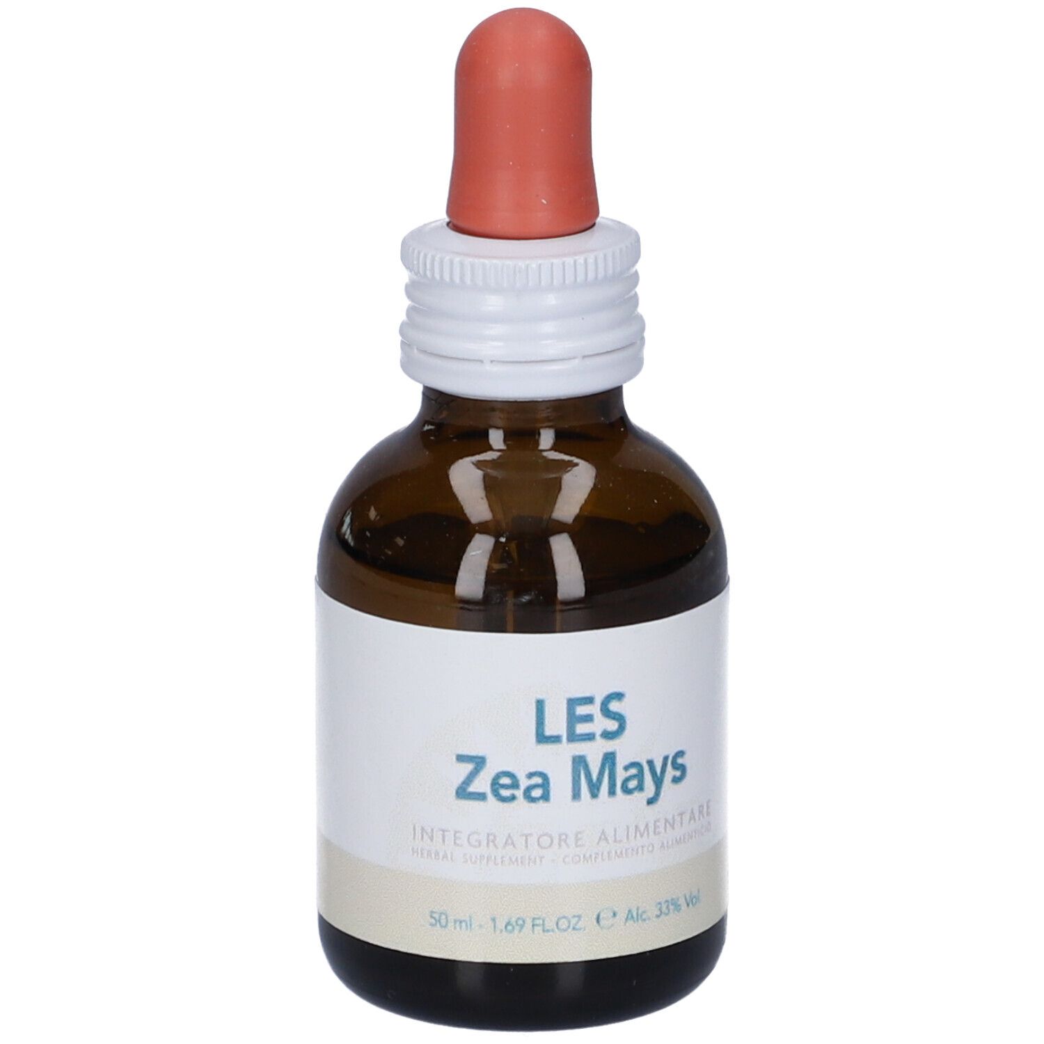 Flacone di vetro marrone con contagocce ed etichetta bianca. Les Zea Mays, integratore alimentare, 50 ml.